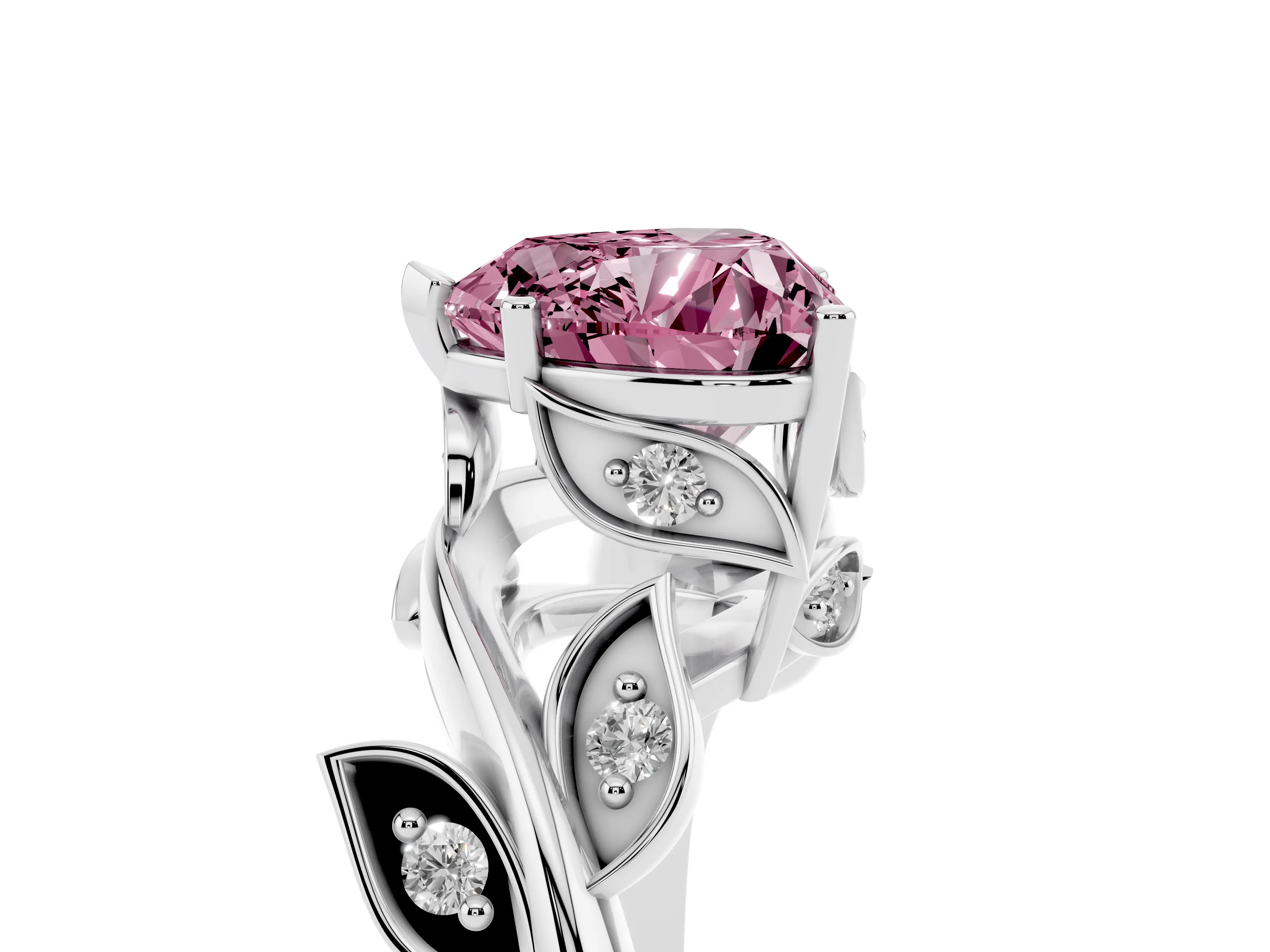 Fancy Pink Heart Cut Diamond Solitaire Twist Engagement Ring Set in White gold with Pavé Leaf Accents
