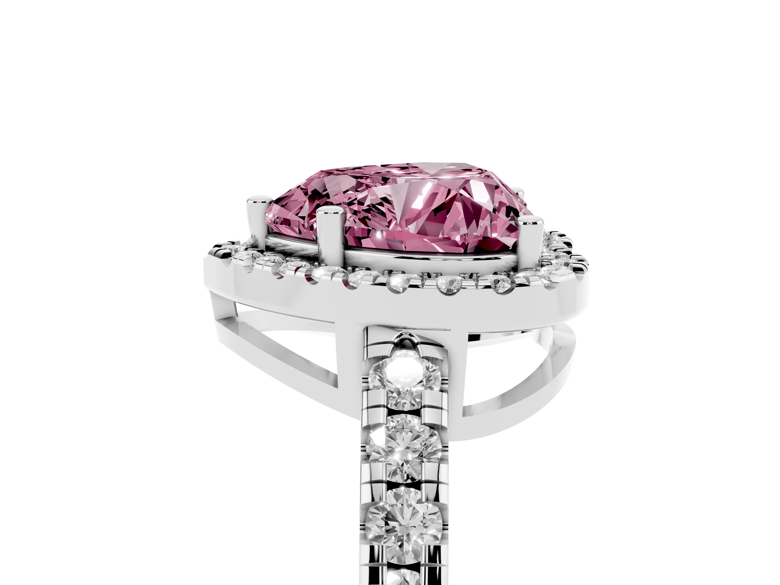 Fancy Pink Heart Cut Diamond Halo Ring Set in Platinum with Delicate Pavé Band and Prong Setting
