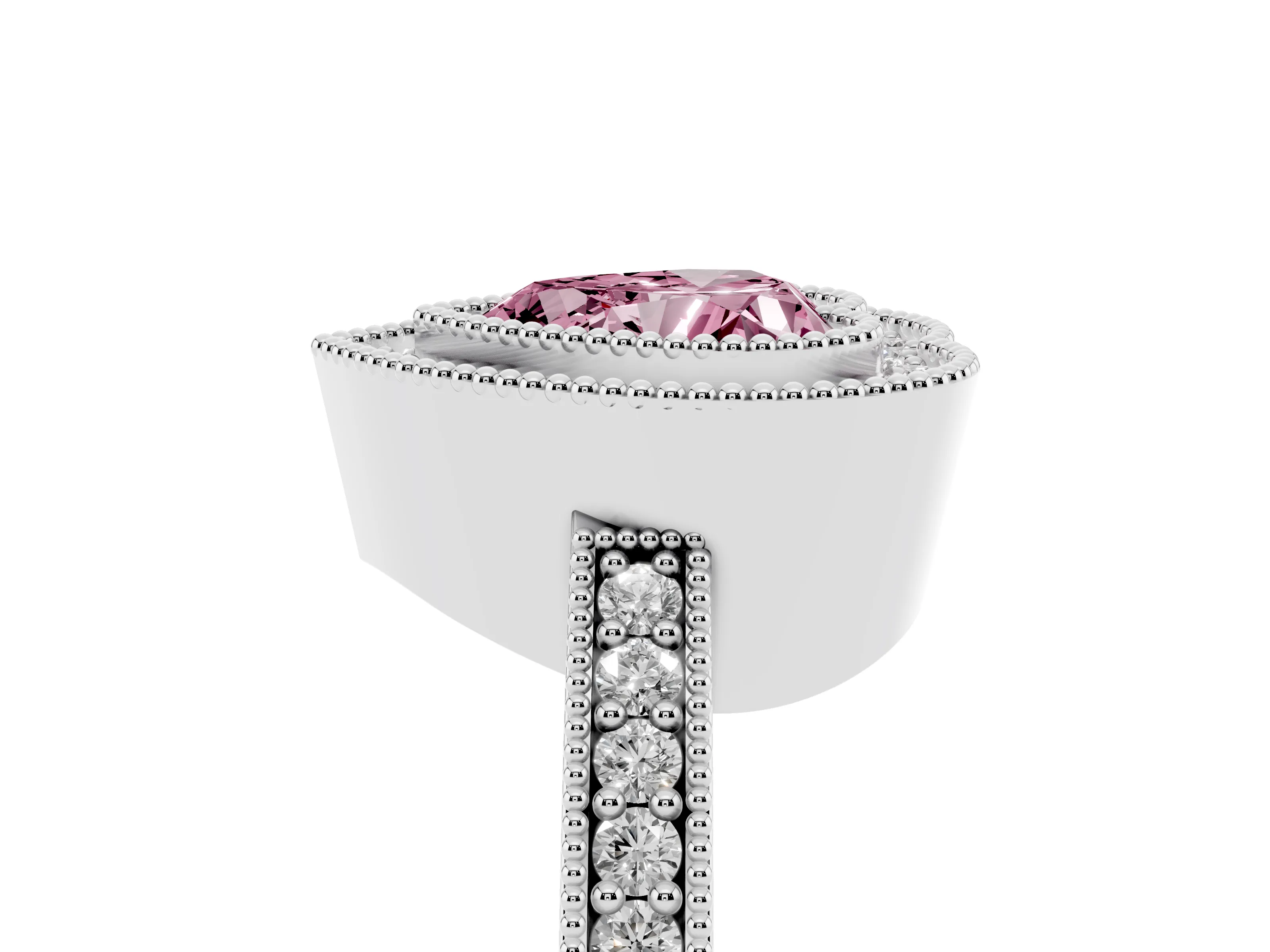Fancy Pink Heart Cut Diamond Halo Engagement Ring Set in Silver with Pavé Band and Round Halo Stones