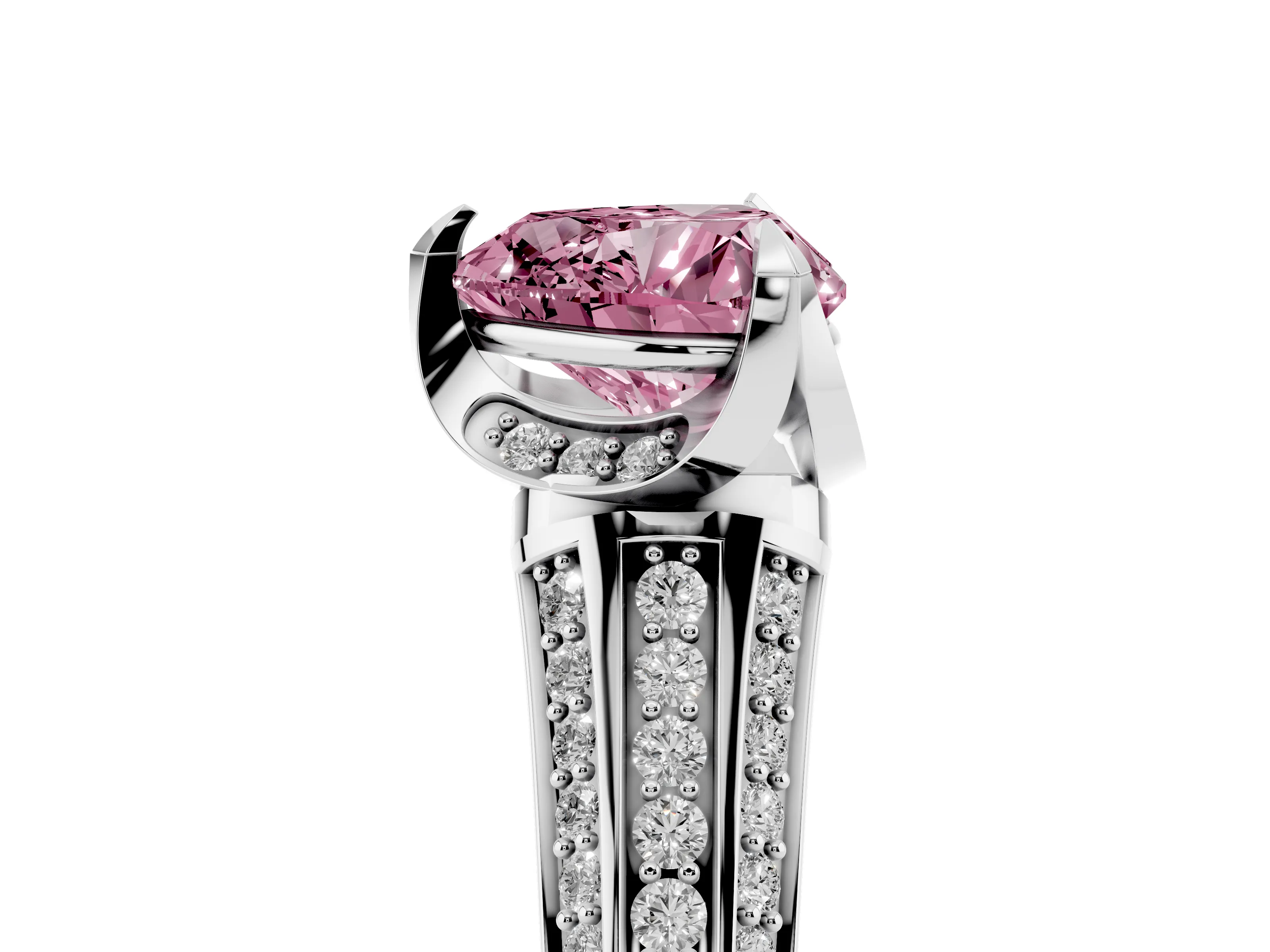 Fancy Pink Heart Cut Diamond Pavé Split Shank Solitaire Ring Set in Silver with Prong Setting