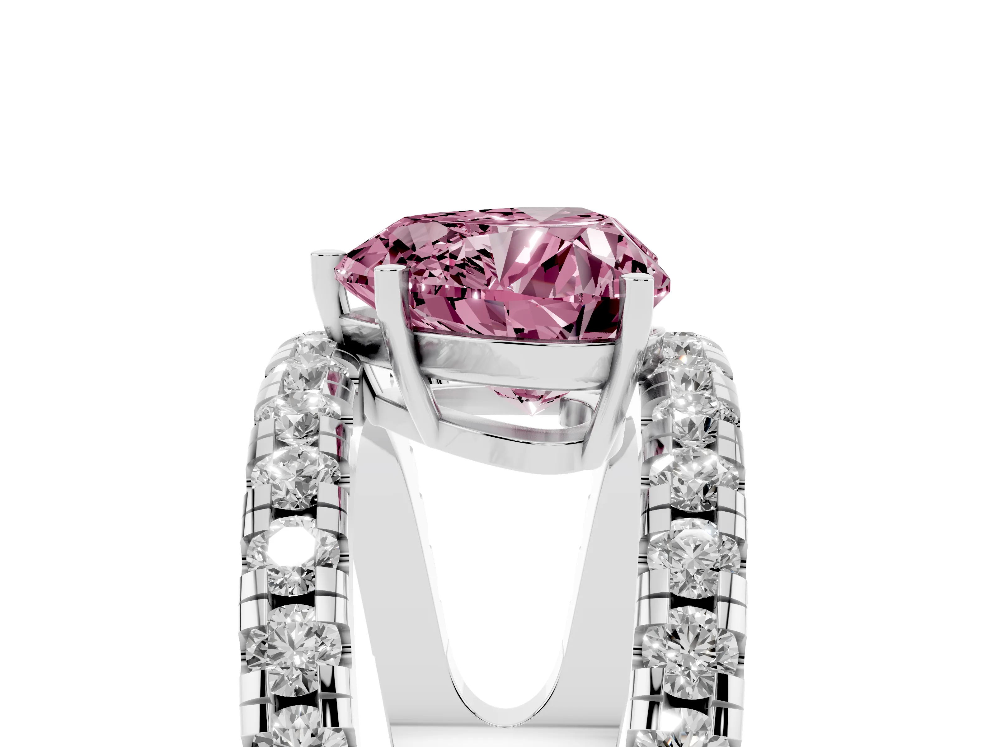 Fancy Pink Heart Cut Diamond Split Shank Pavé Solitaire Ring Set in Silver with Open Shank Design