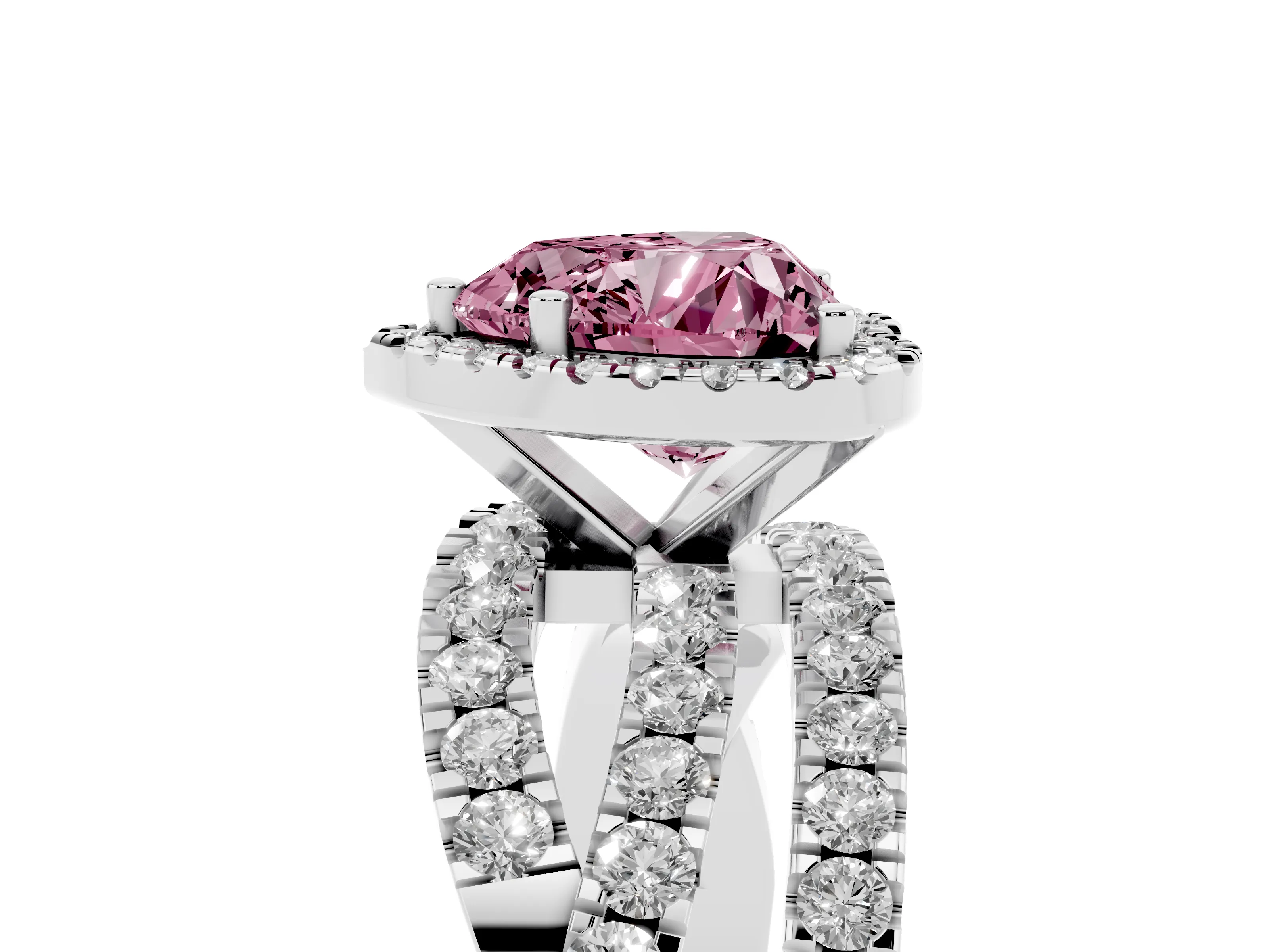 Fancy Pink Heart Cut Diamond Halo Ring Set in Silver with Round Crossover Split Shank and Prong Setting
