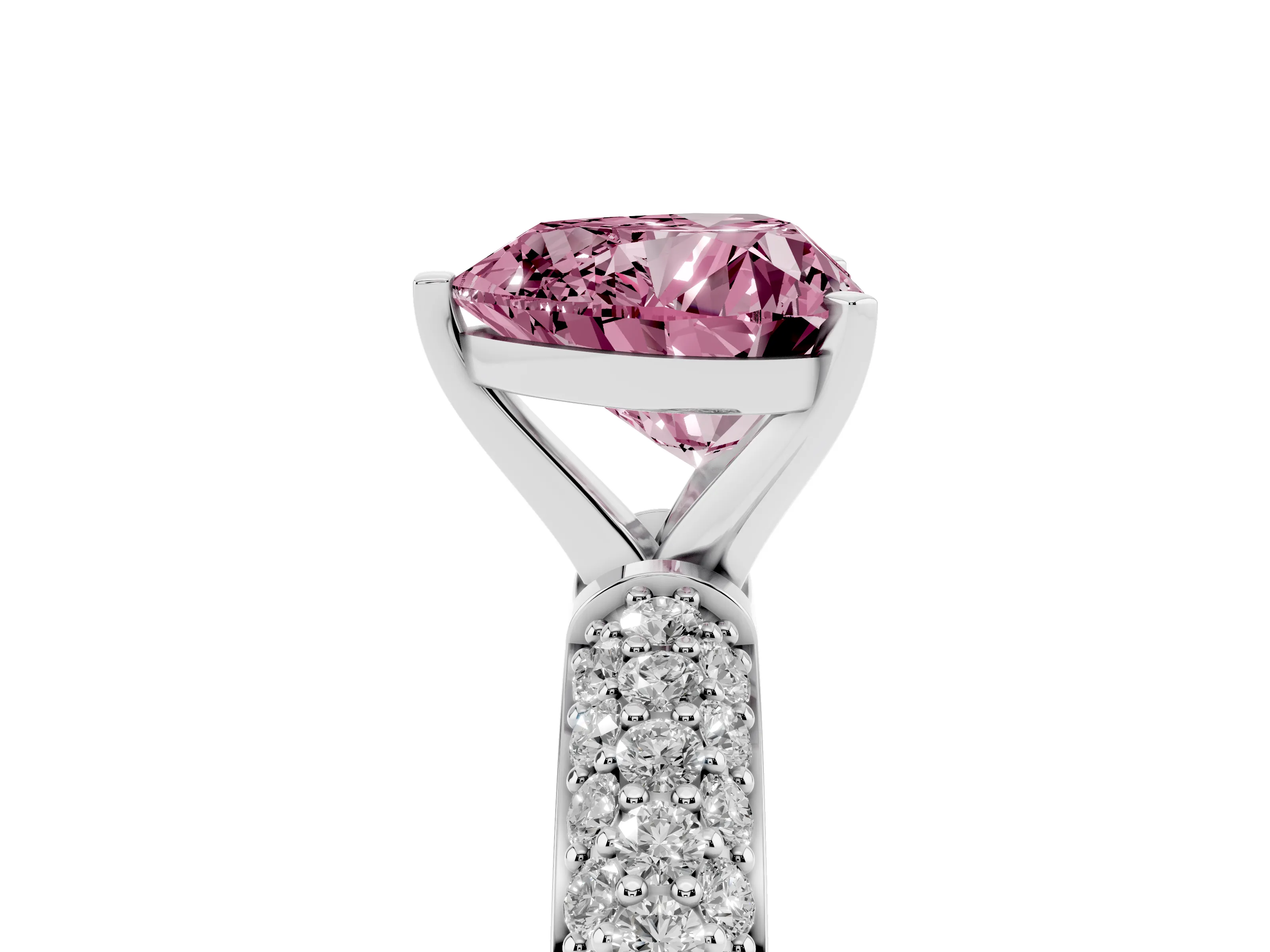 Fancy Pink Heart Cut Diamond Solitaire Ring Set in Silver with Prong Setting and Pavé-Set Band