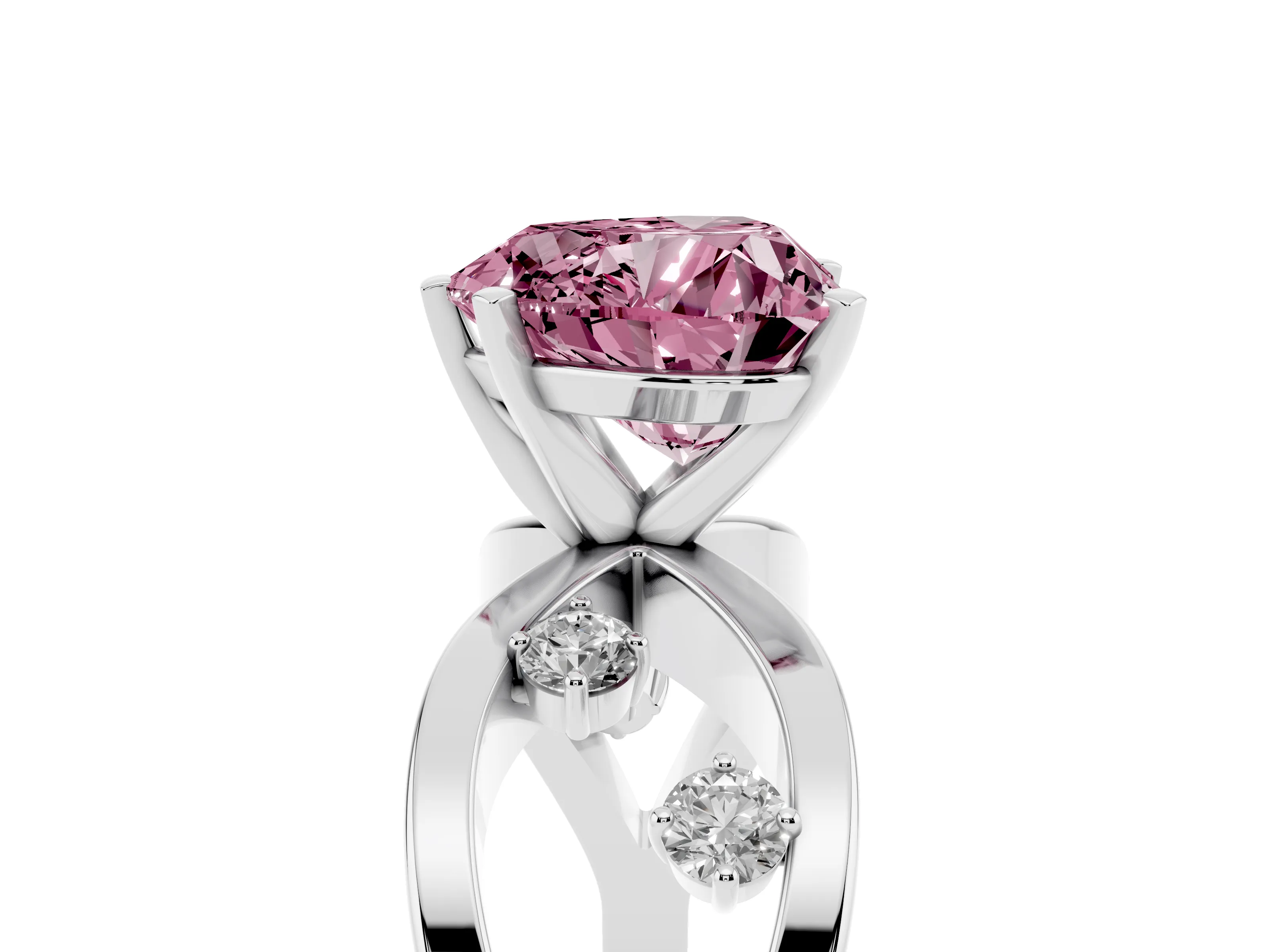 Fancy Pink Heart Cut Diamond Solitaire Ring Set in Silver with Side Stones on Criss-Cross Band and Prong Setting