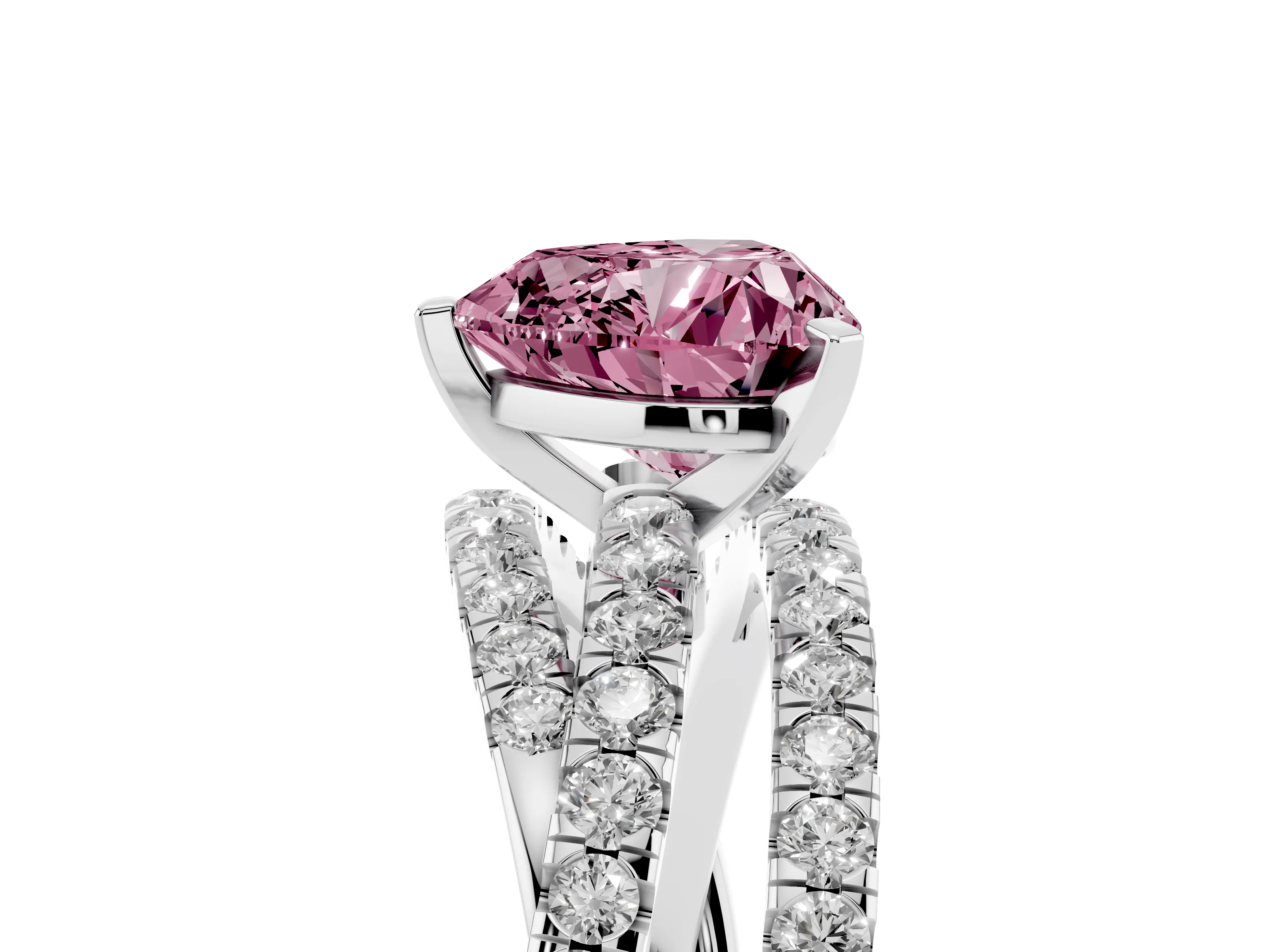 Fancy Pink Heart Cut Diamond Solitaire Twist Band Ring Set in Silver with Pavé Setting and Prong Head