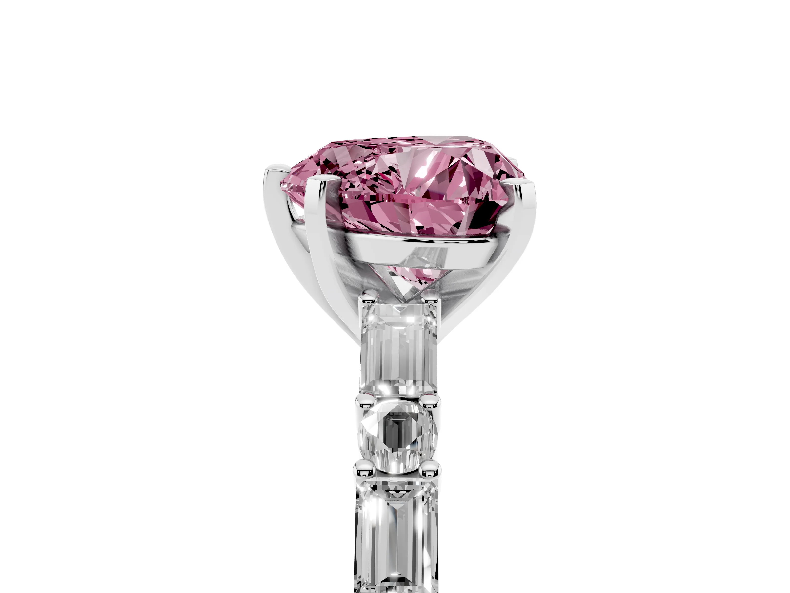 Fancy Pink Heart Cut Diamond Solitaire Set in Silver with Side Baguettes and Channel Set Band