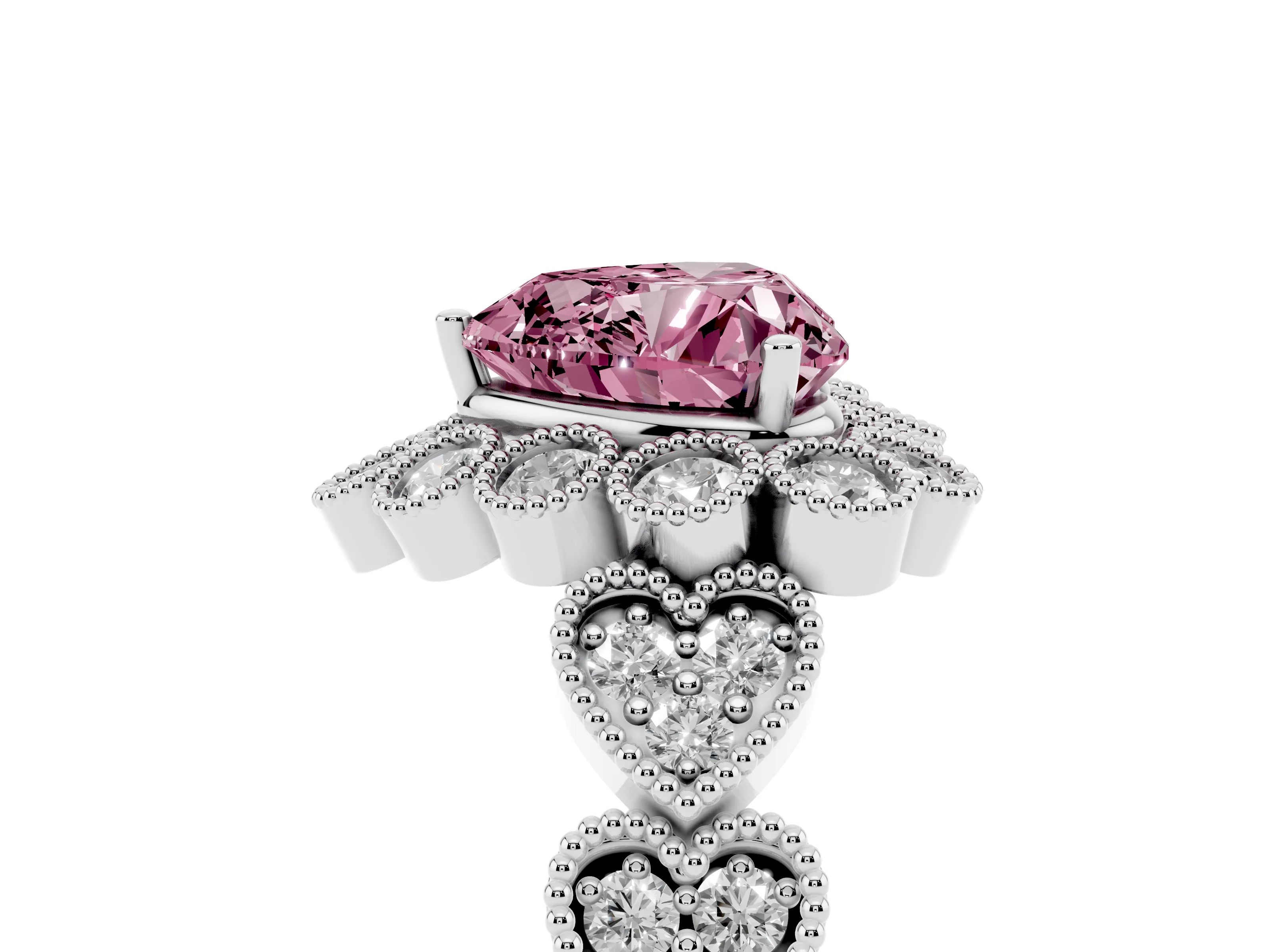 Fancy Pink Heart Cut Diamond Solitaire Ring Set in Platinum with Milgrain Pavé Heart Band