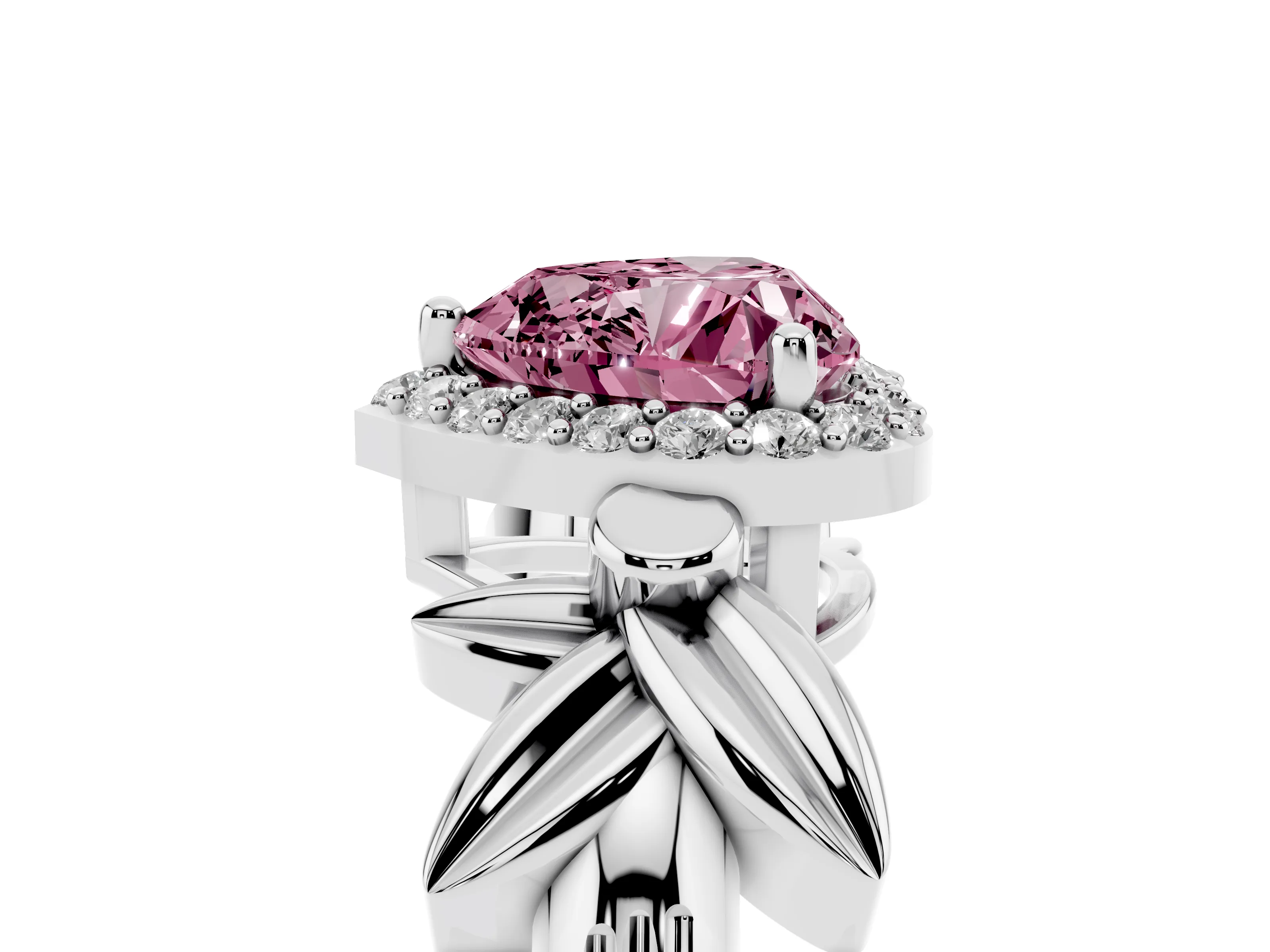 Fancy Pink Heart Cut Diamond Halo Floral Band Ring Set in White gold with Prong Setting