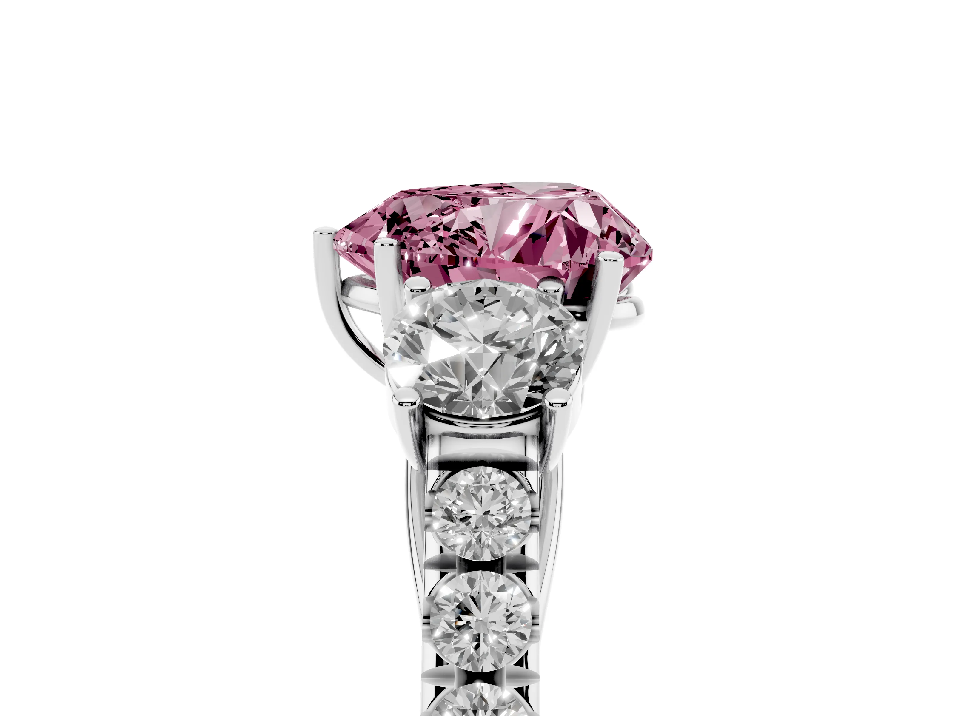 Fancy Pink Heart Cut Diamond Three-Stone Ring Set in White gold with Round Side Stones and Delicate Pavé Band