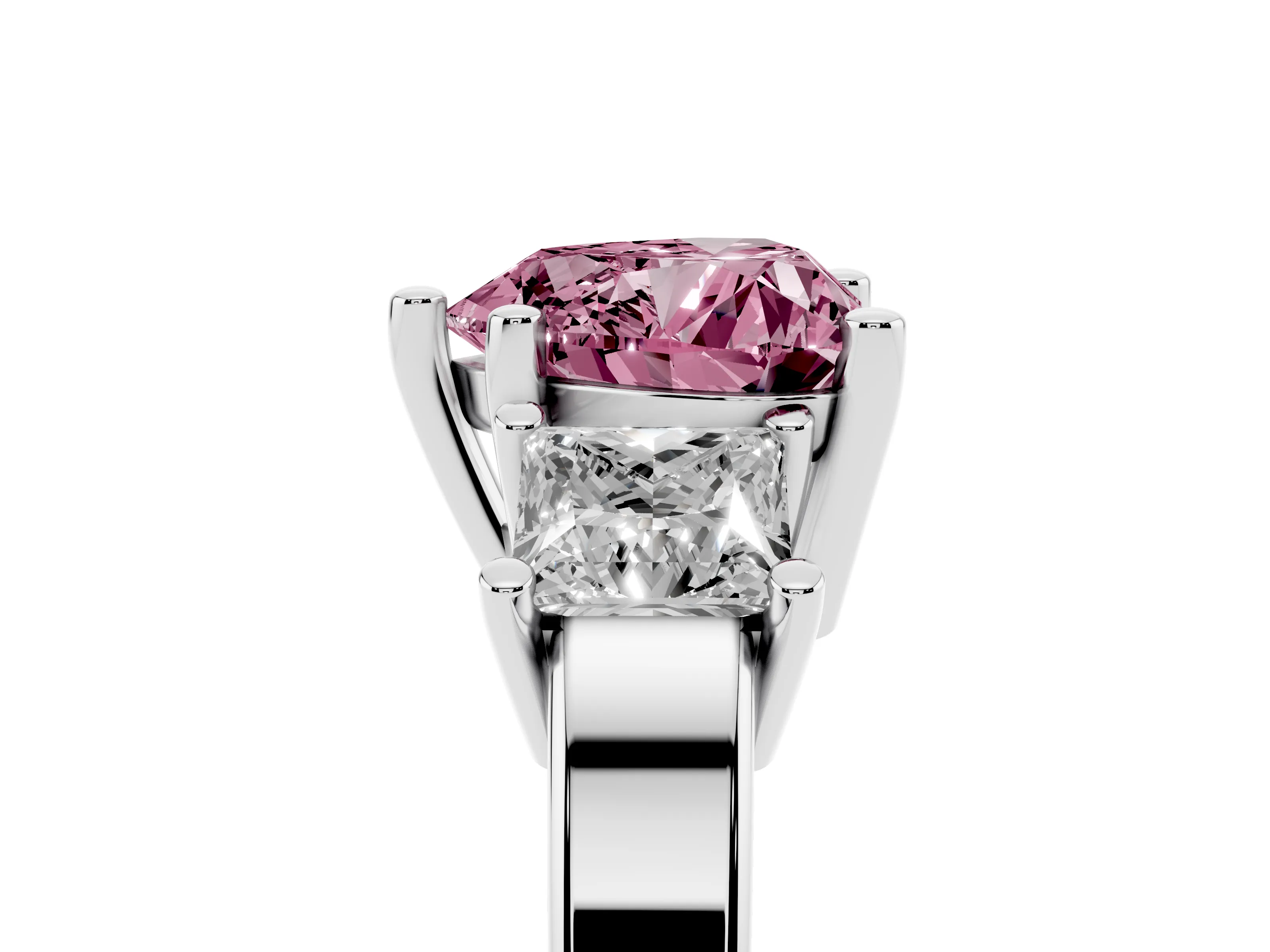 Fancy Pink Three-Stone Heart Cut Diamond Solitaire Ring Set in Silver with Prong Setting