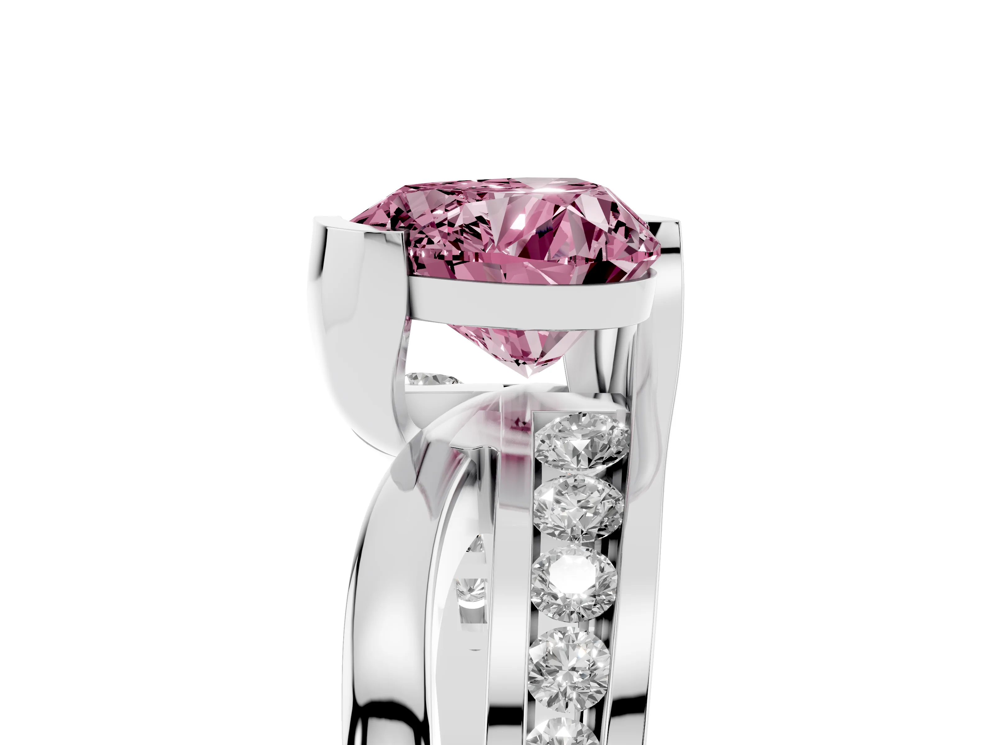 Fancy Pink Heart Cut Diamond Solitaire Ring Set in Platinum with Channel Set Split Shank and Tension Prongs