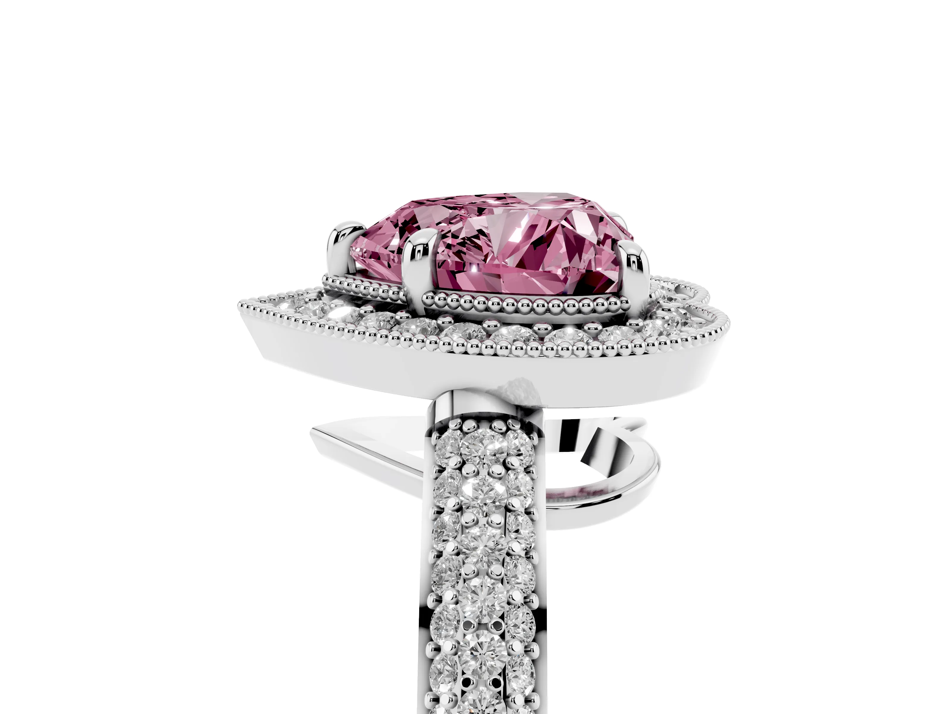 Fancy Pink Heart Cut Diamond Halo Pavé Band Set in Silver with Prong Setting