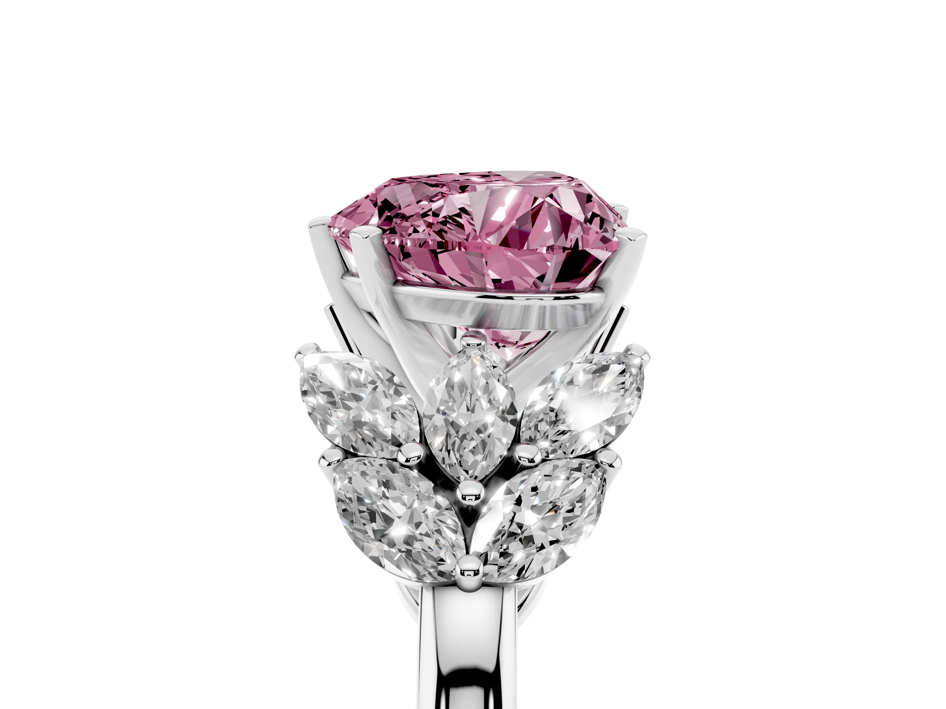 Fancy Pink Heart Cut Diamond Cluster Leaf Design Ring Set in Silver with Prong Setting