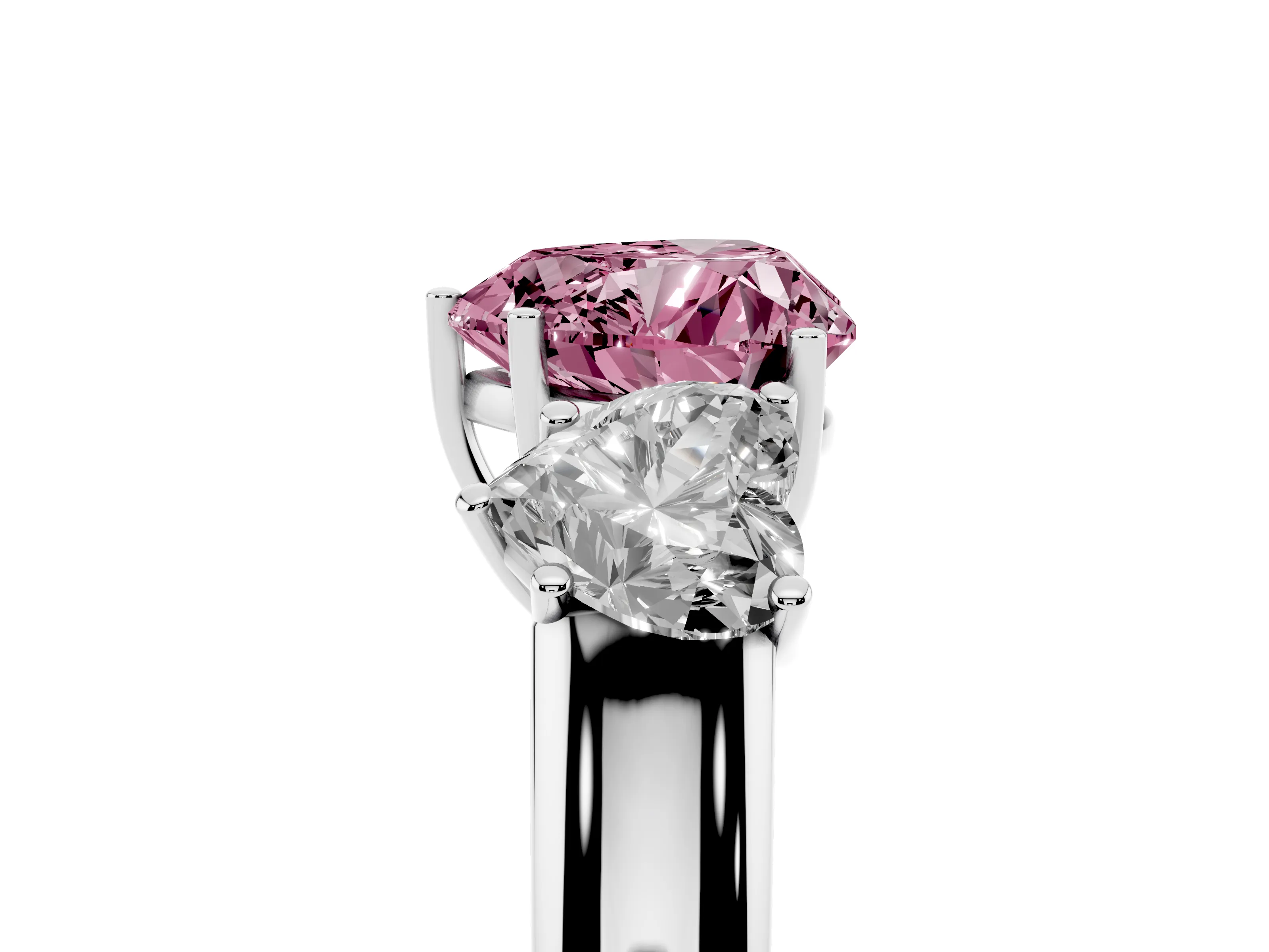 Fancy Pink Three-Stone Heart Cut Diamond Ring Set in Silver with Matching Prong Settings and Plain Band