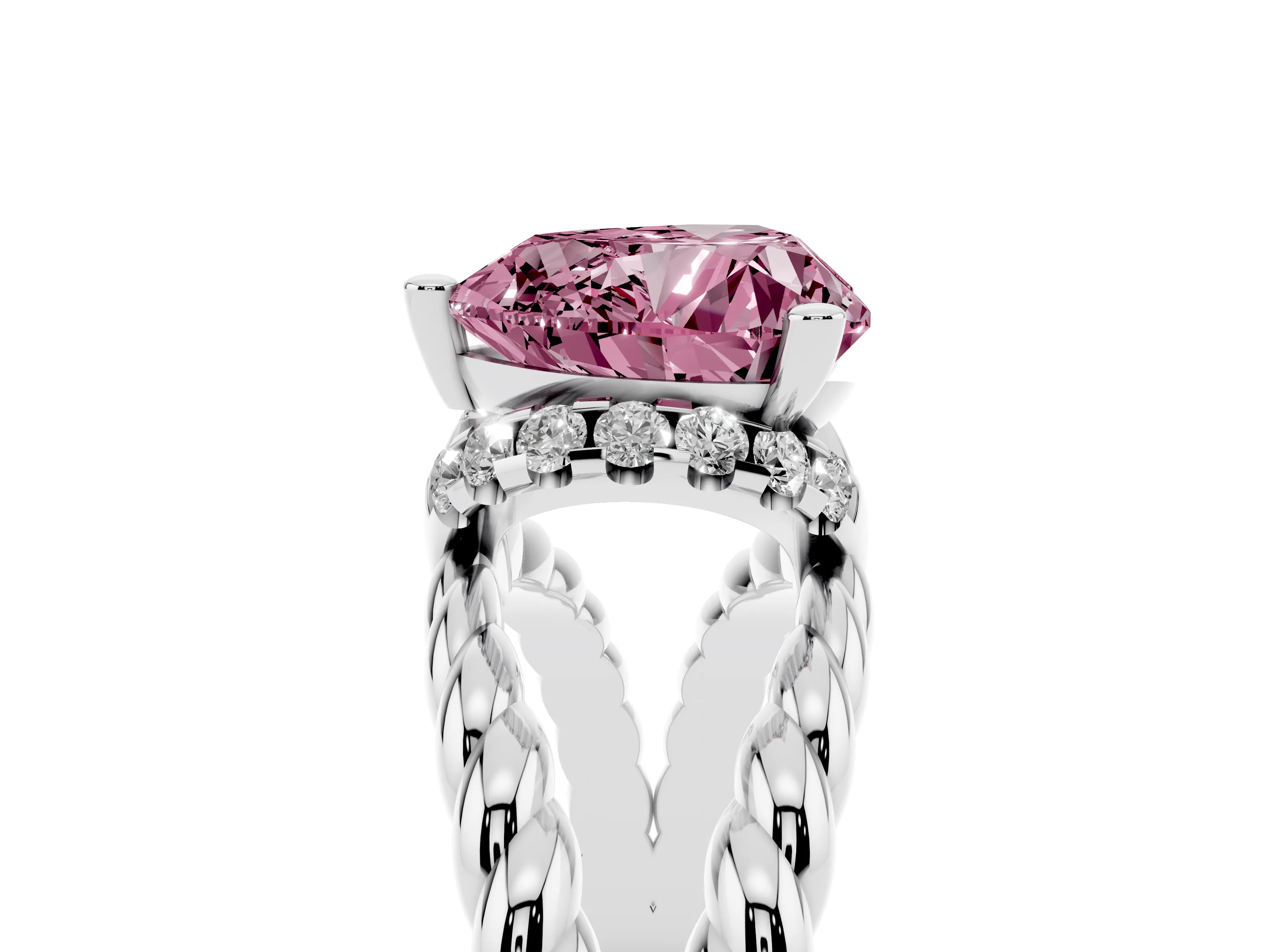 Fancy Pink Heart Cut Diamond Halo Ring Set in Silver with Twisted Band and Prong Setting