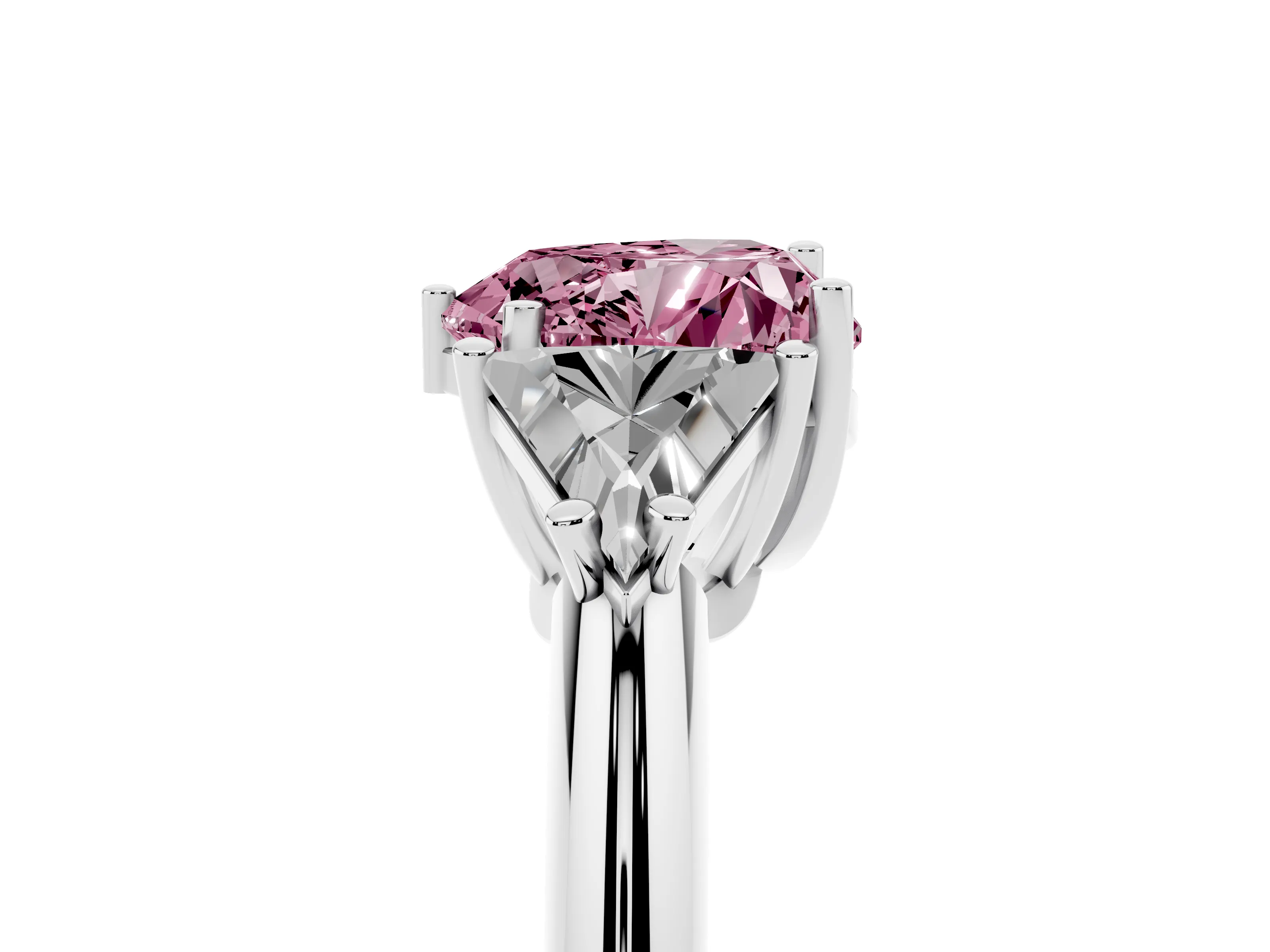 Fancy Pink Heart Cut Diamond Three-Stone Engagement Ring Set in White gold with Trillion Side Stones