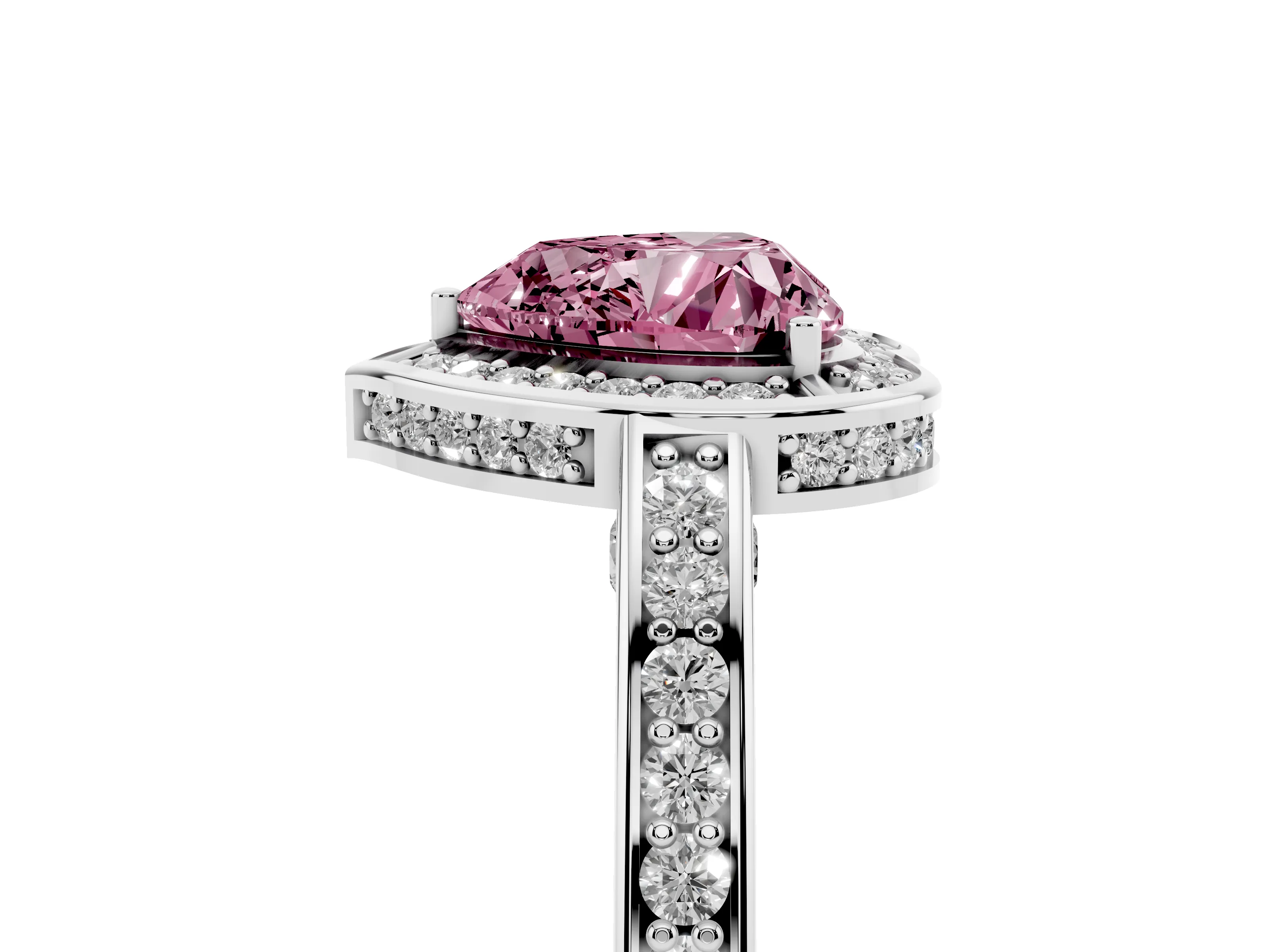 Fancy Pink Heart Cut Diamond Halo Pavé Split Shank Ring Set in White gold with Prong Setting