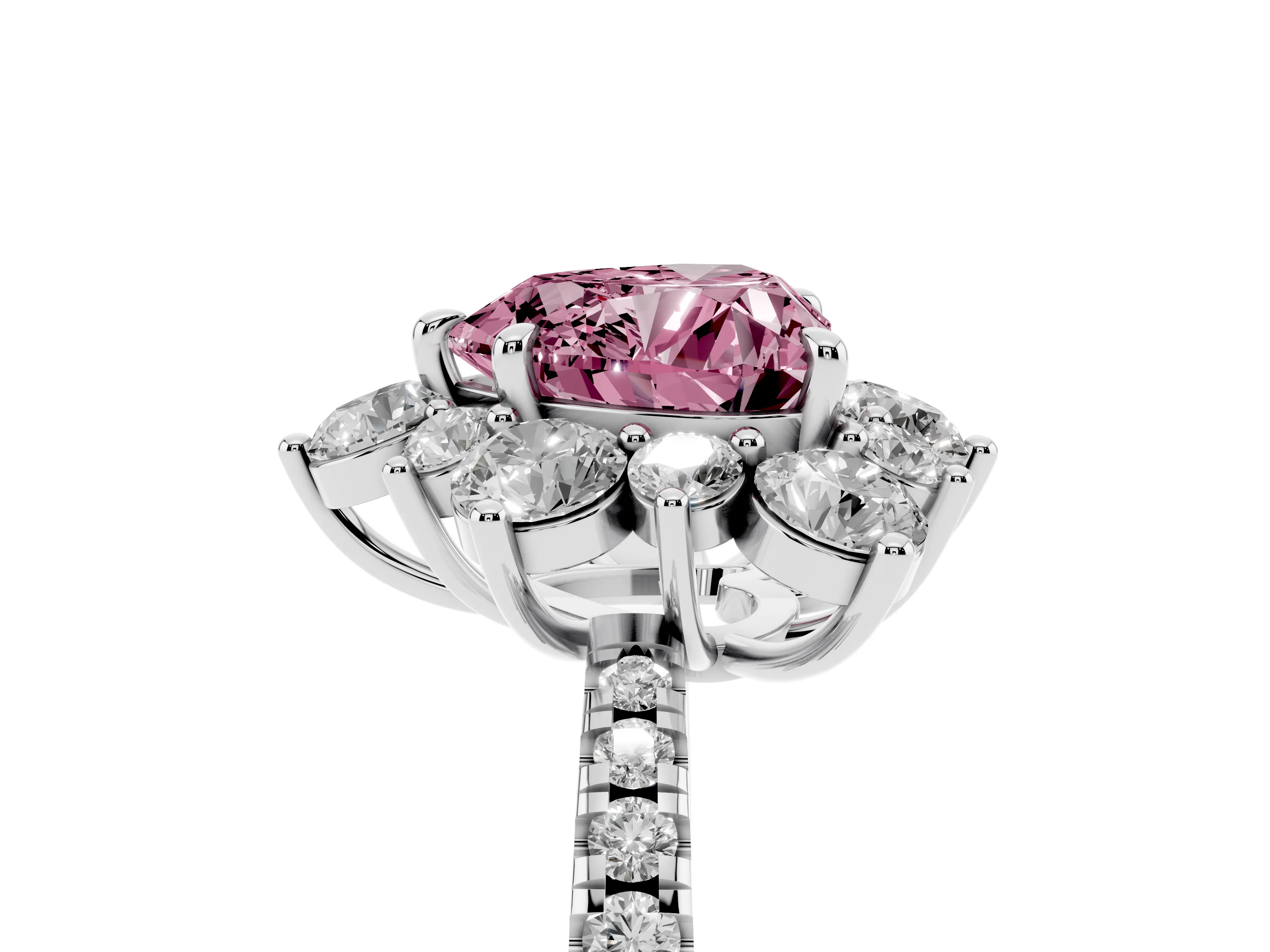 Fancy Pink Heart Cut Diamond Floral Halo Ring Set in Platinum with Round Pavé Band and Prong Setting