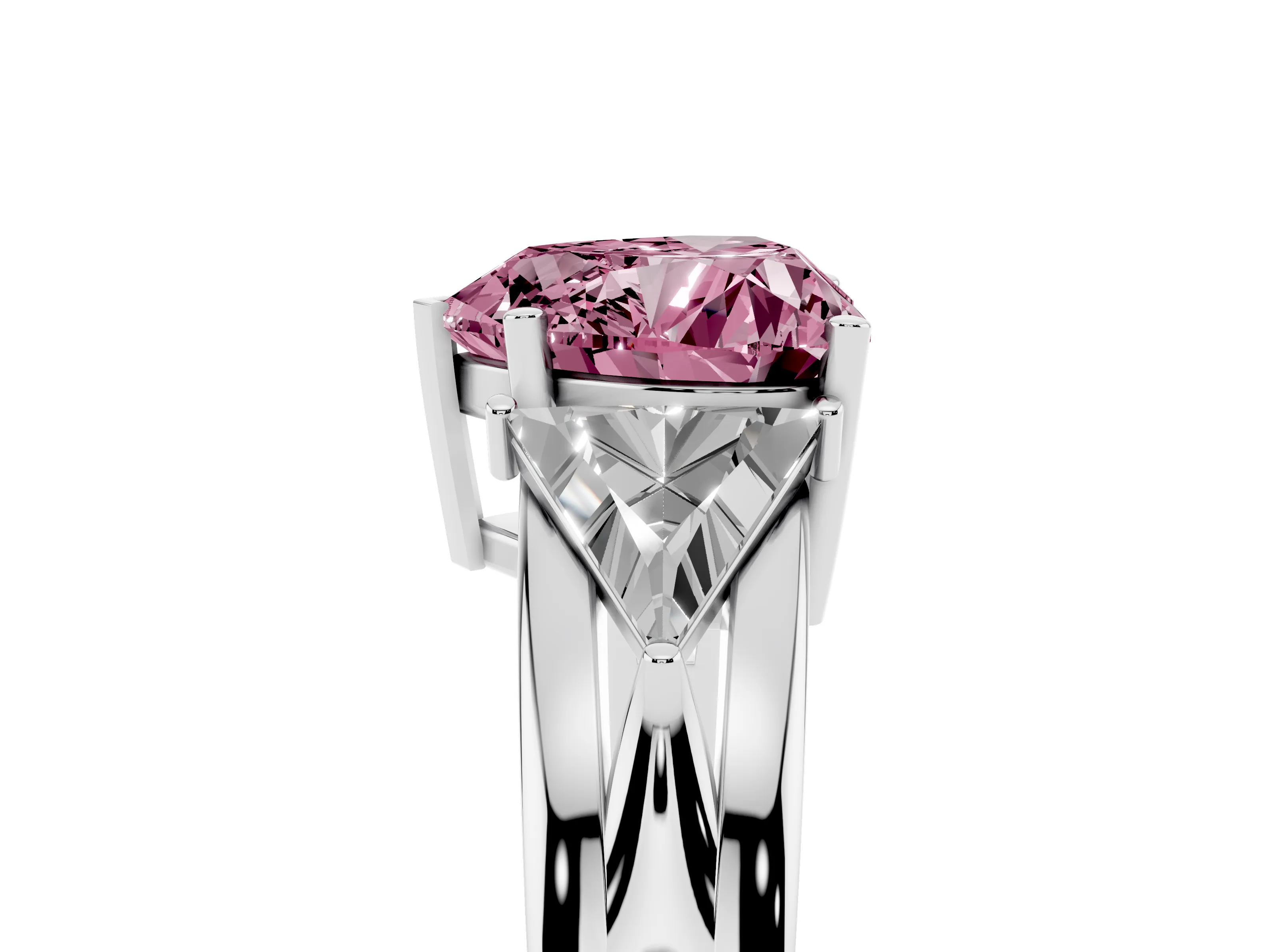 Fancy Pink Heart Cut Diamond Three-Stone Ring Set in Platinum with Trillion Side Stones and Split Shank