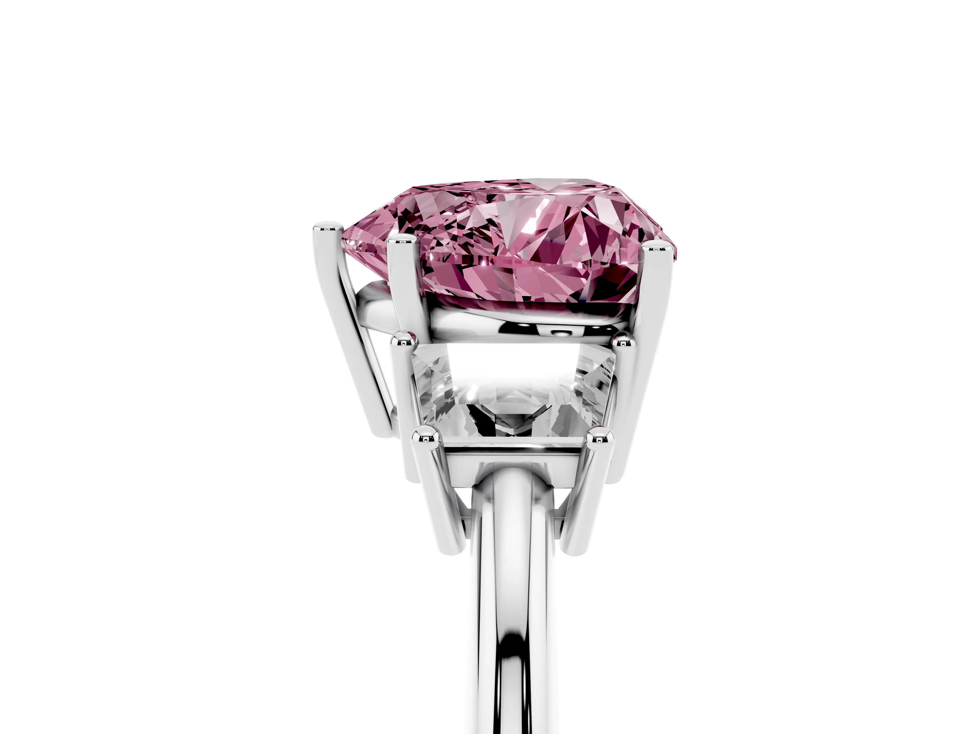 Fancy Pink Heart Cut Diamond Three-Stone Ring Set in Silver with Trapezoid Side Stones and Prong Setting