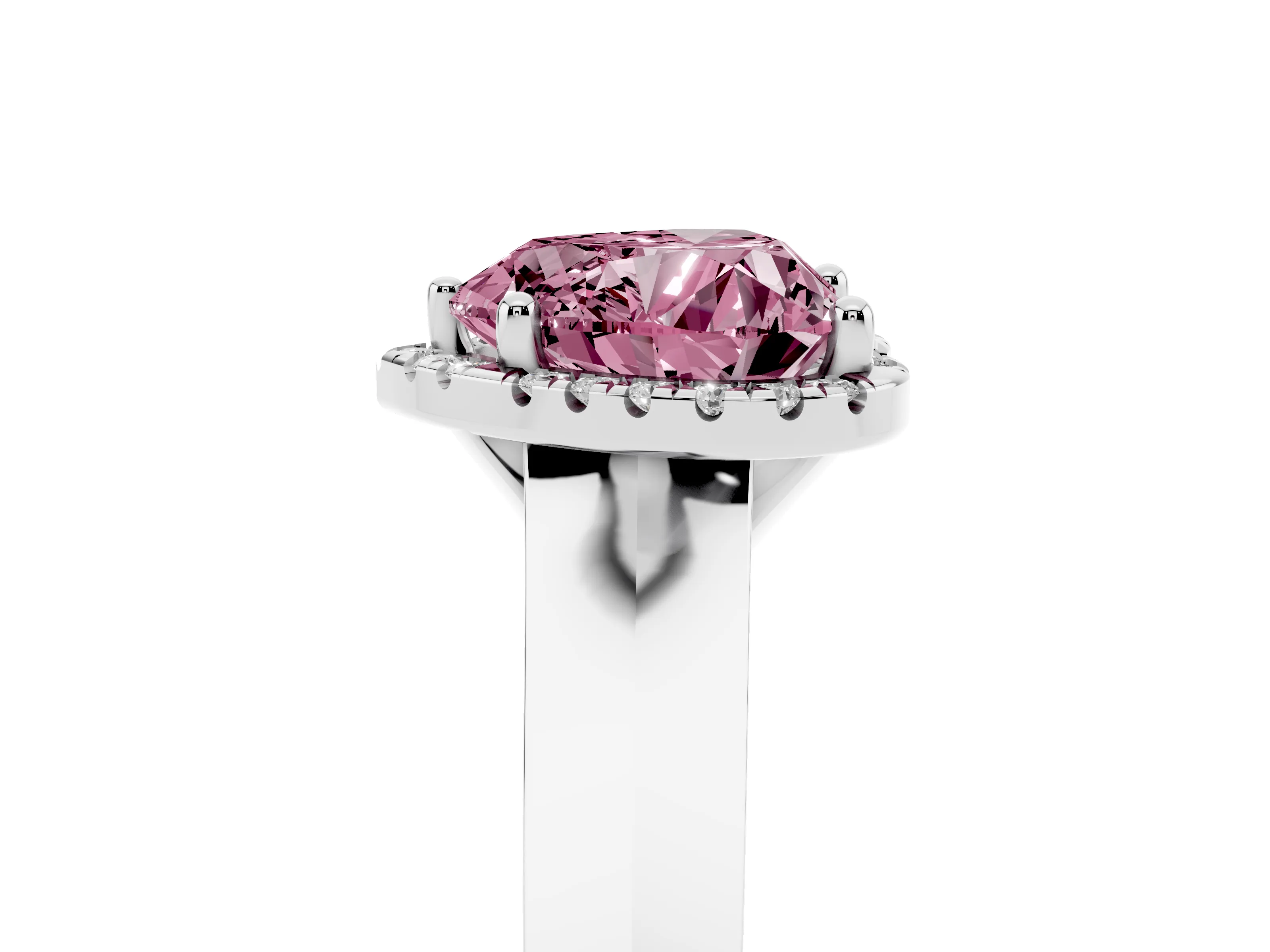 Fancy Pink Heart Cut Diamond Halo Ring Set in White gold with Cathedral Band and Prong Setting