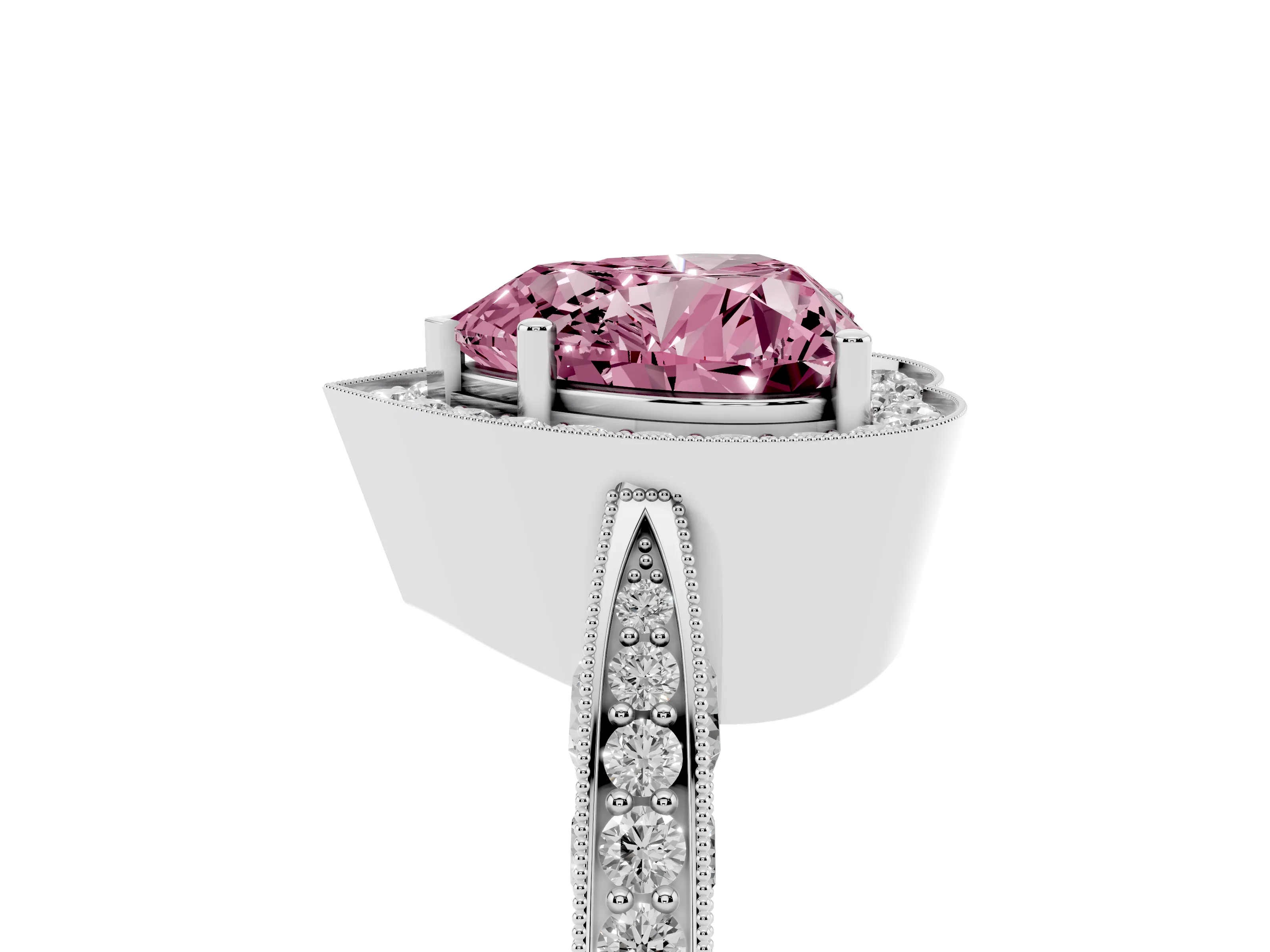 Fancy Pink Heart Cut Diamond Halo Engagement Ring Set in Platinum with Accent Split Shank Band
