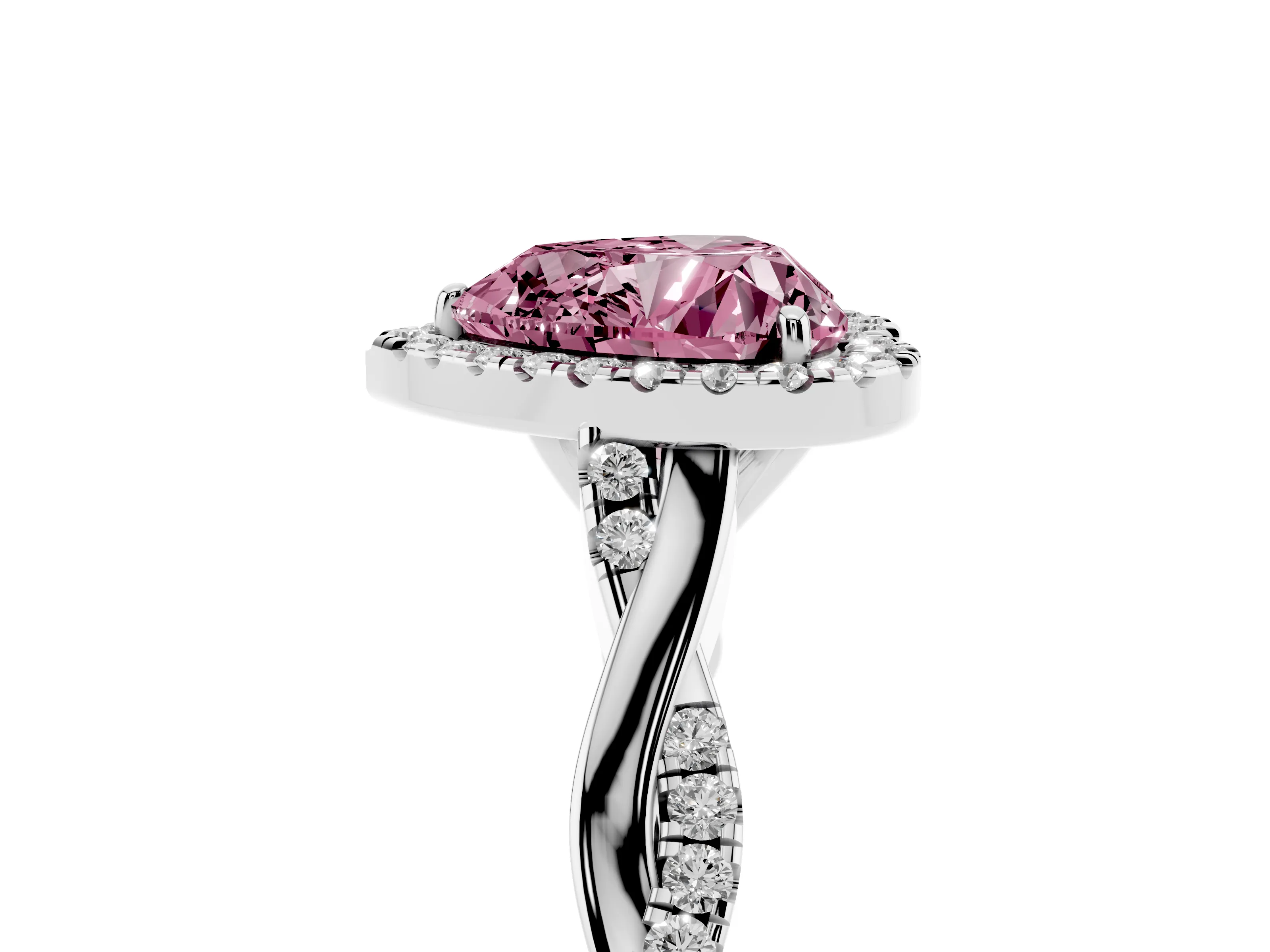 Fancy Pink Heart Cut Diamond Halo Twist Band Solitaire Ring Set in White gold with Prong Setting