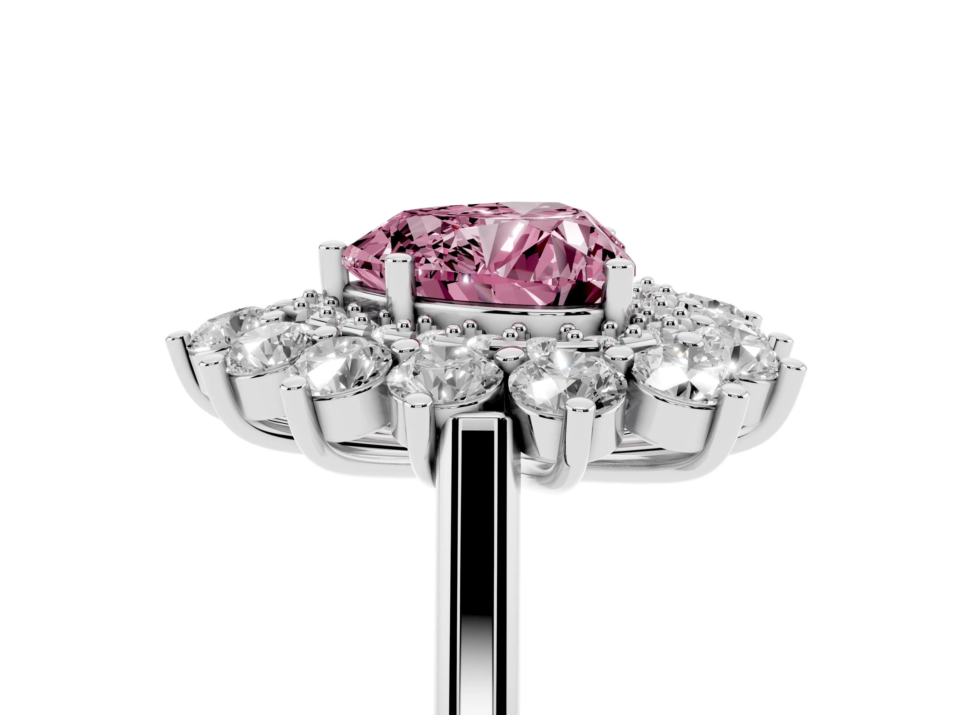 Fancy Pink Heart Cut Diamond Floral Double Halo Ring Set in Silver with Round Petals