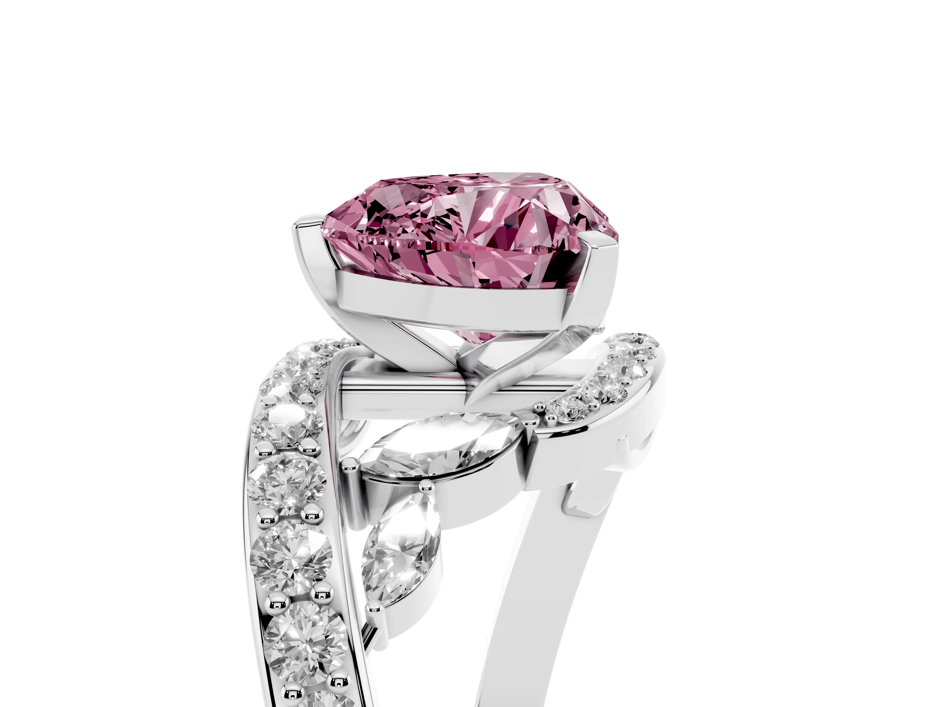 Fancy Pink Heart Cut Diamond Solitaire Ring Set in Platinum with Pavé Twist Band and Secure Prong Setting