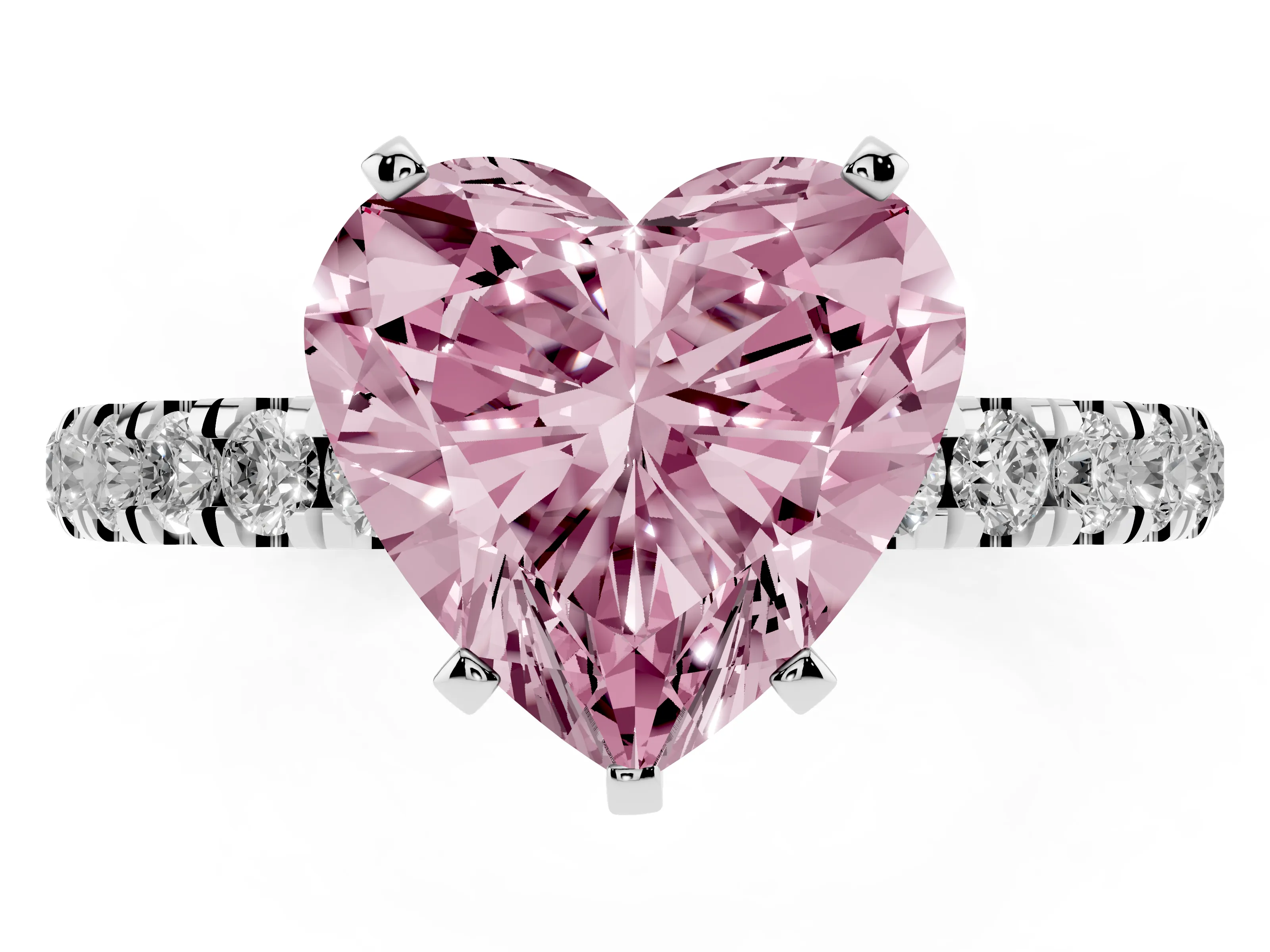 Fancy Pink Heart Cut Diamond Solitaire Ring Set in Silver with Pavé Accents and Prong Setting