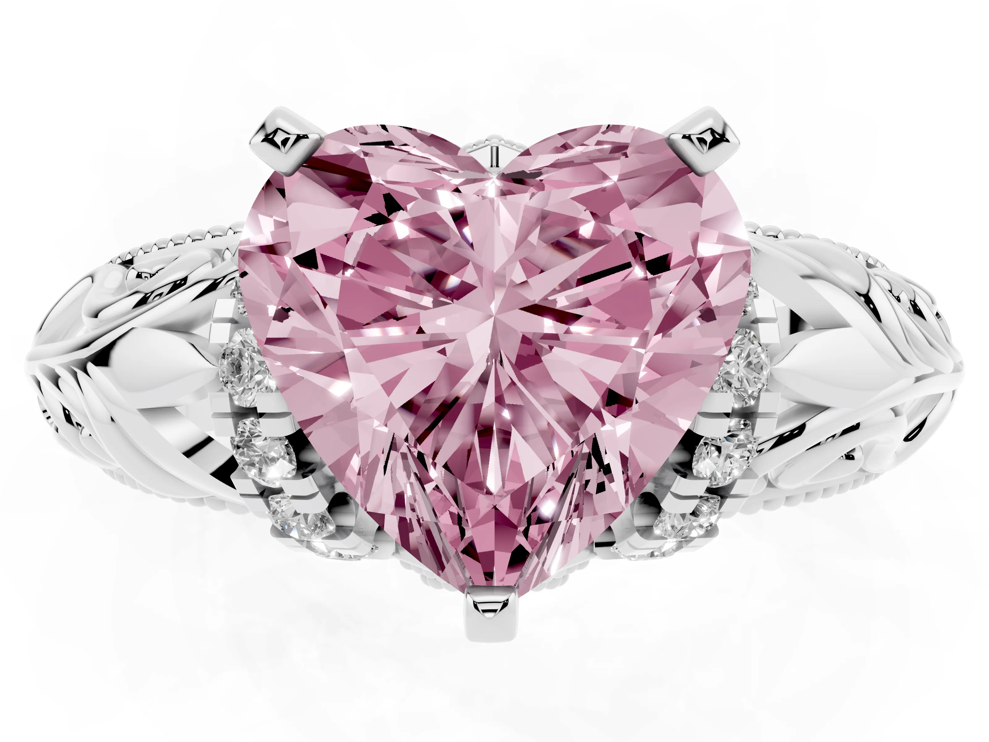 Fancy Pink Heart Cut Diamond Filigree Halo Engagement Ring Set in White gold with Prong Setting