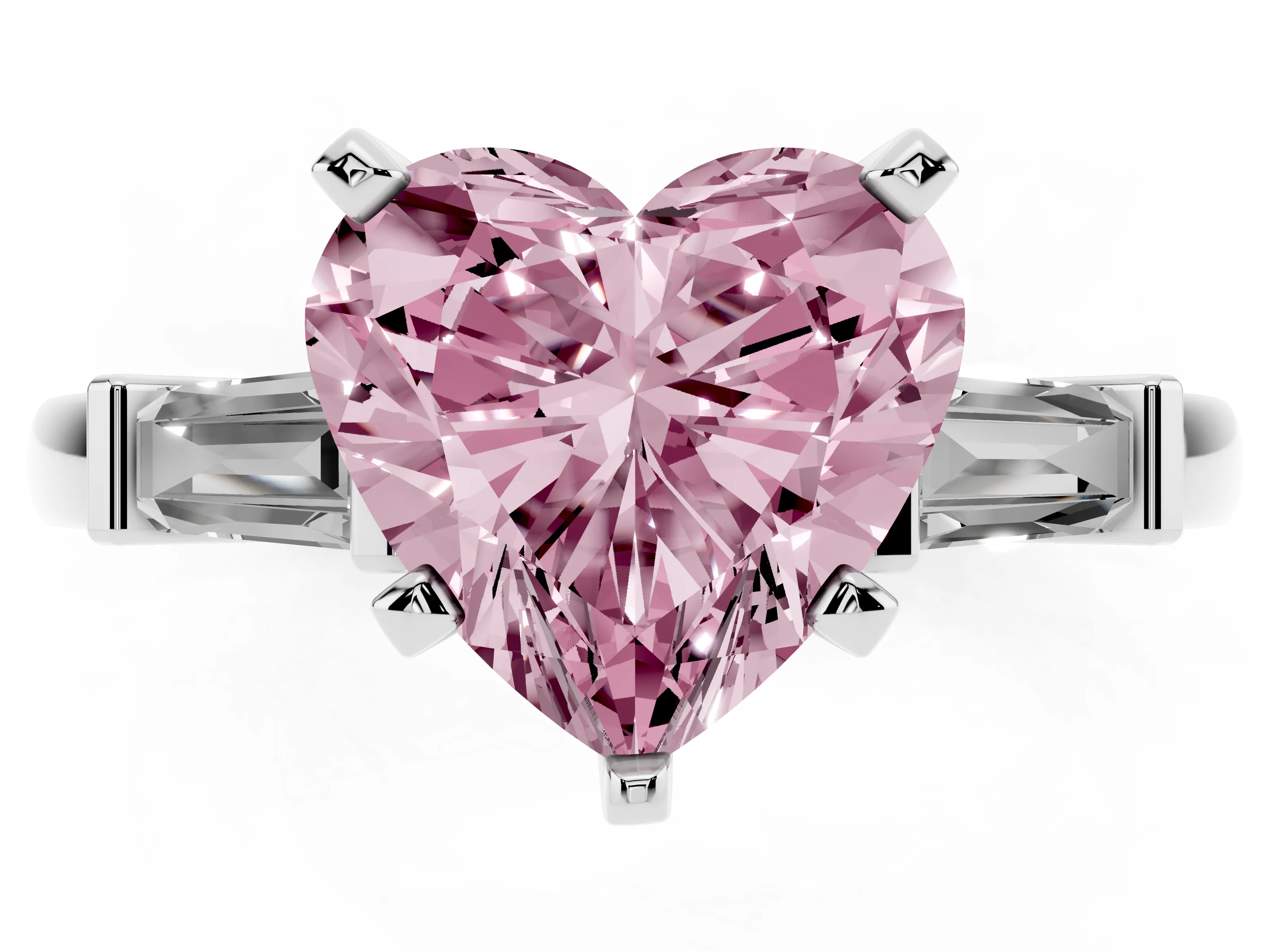 Fancy Pink Heart Cut Diamond Solitaire Ring Set in Silver with Tapered Baguette Accents and Prong Setting