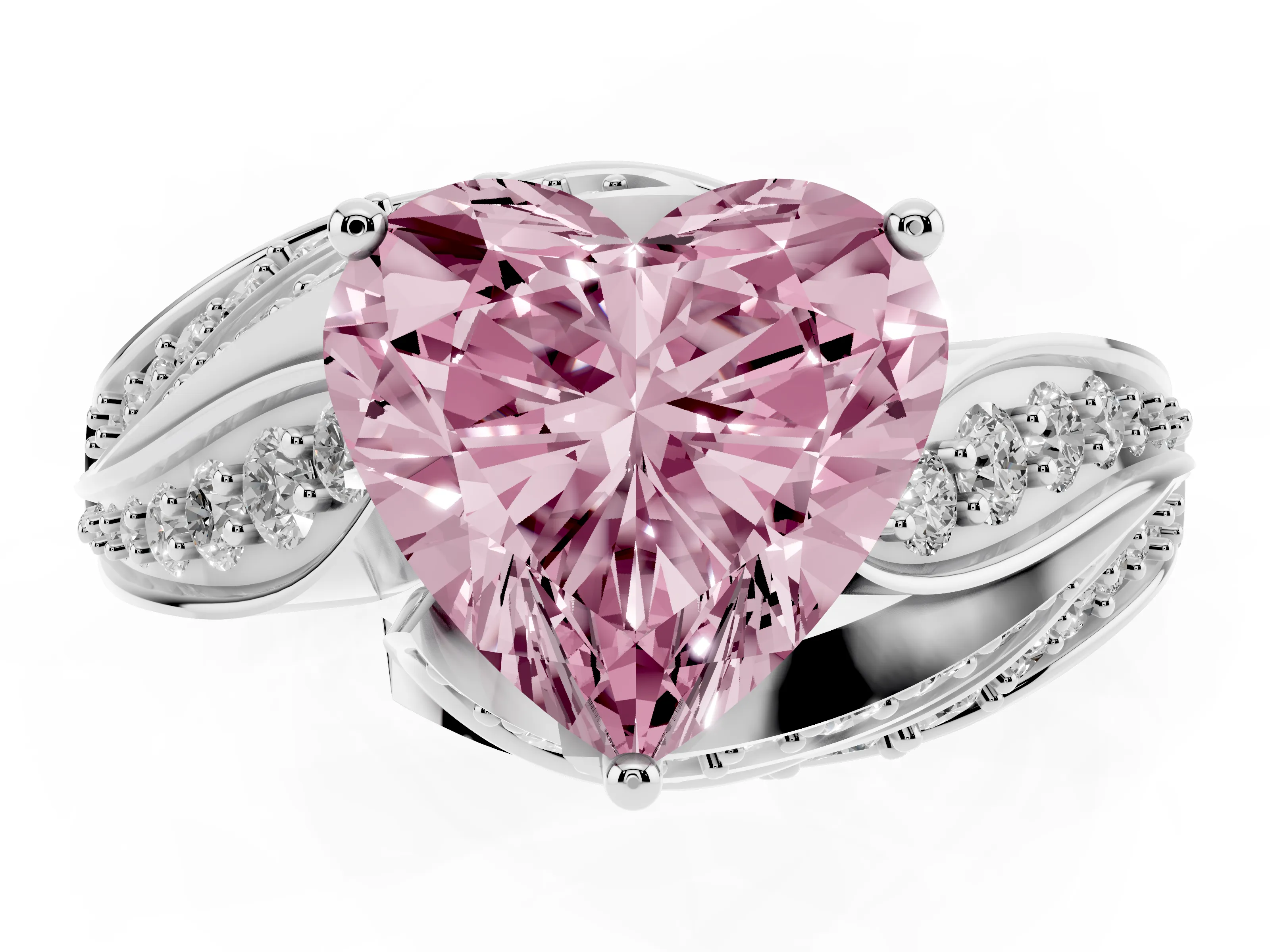 Fancy Pink Heart Cut Diamond Solitaire Ring Set in Platinum with Layered Twist Pavé Band