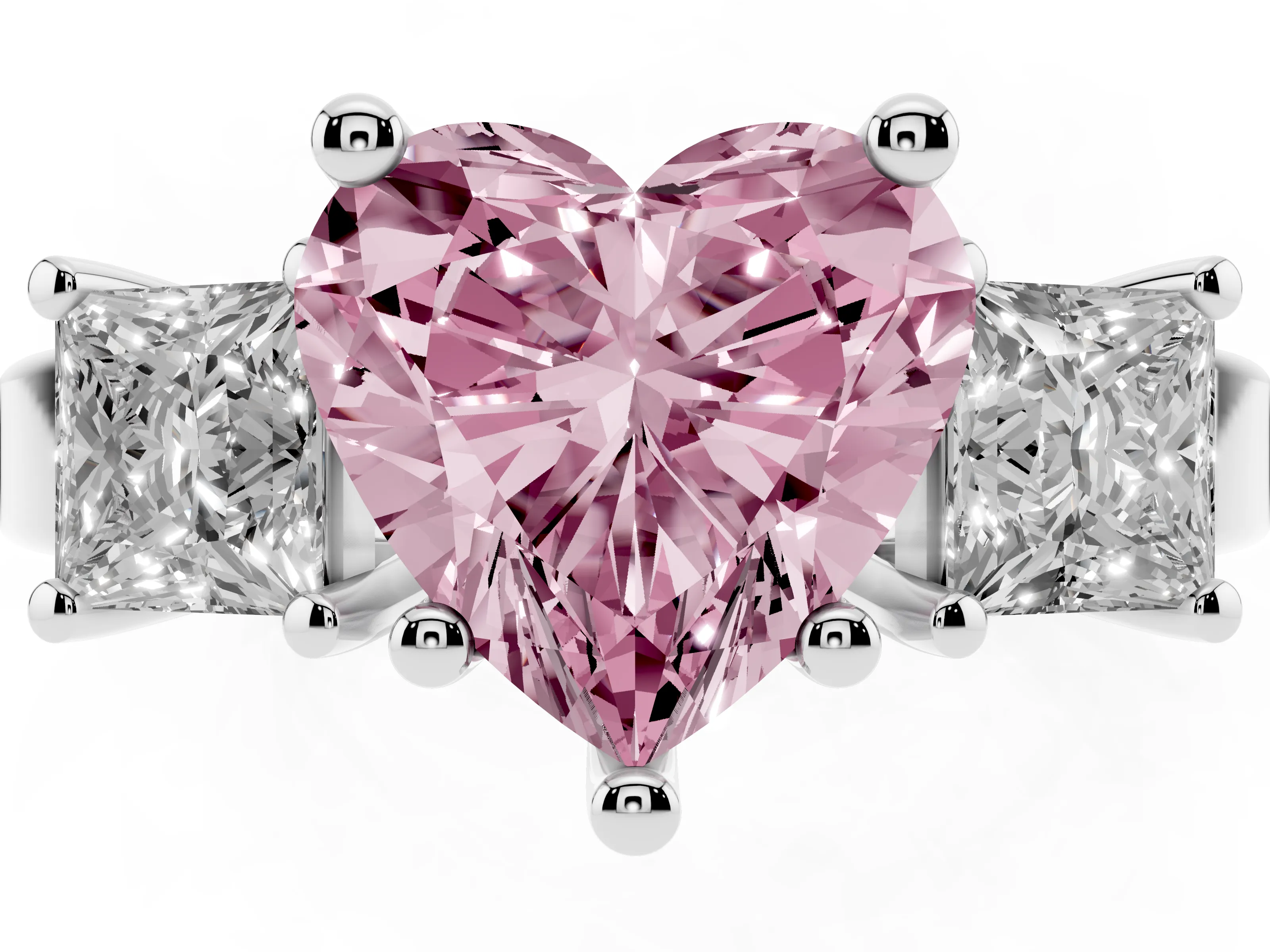 Fancy Pink Three-Stone Heart Cut Diamond Solitaire Ring Set in Silver with Prong Setting