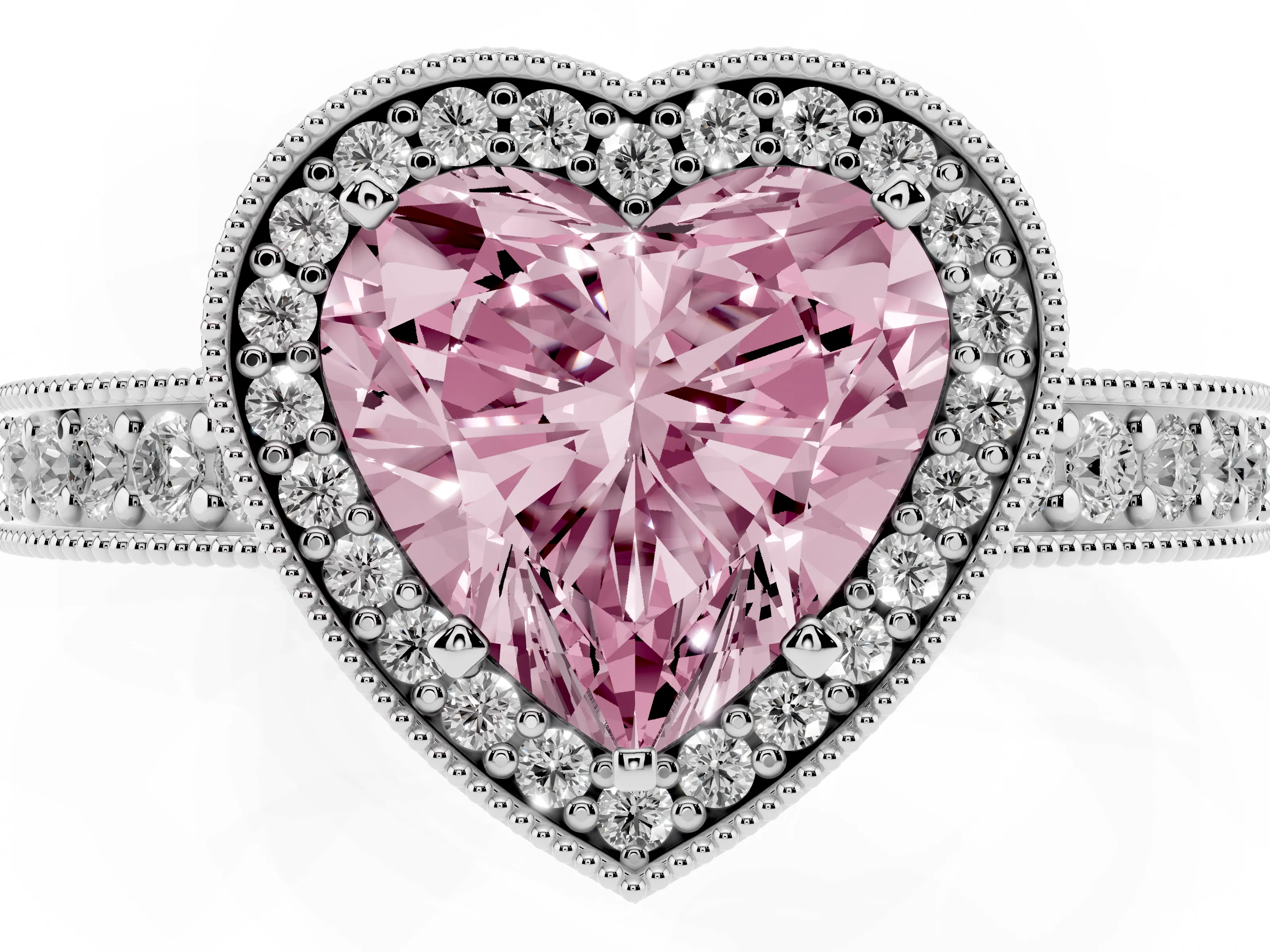 Fancy Pink Heart Cut Diamond Halo Pavé Band Ring Set in Platinum with Prong-Set Center