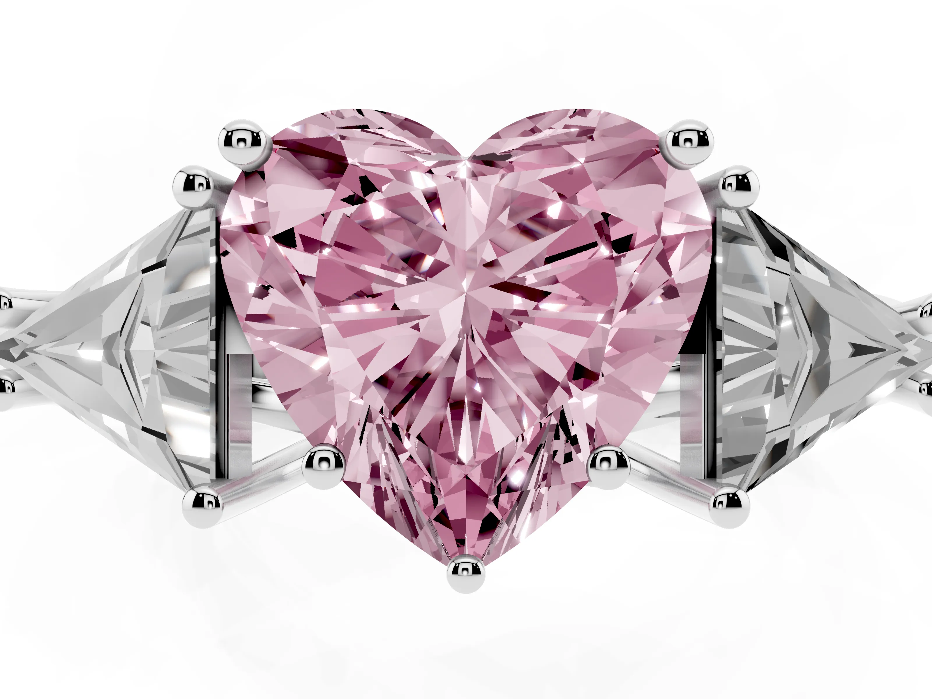 Fancy Pink Heart Cut Diamond Three-Stone Engagement Ring Set in White gold with Trillion Side Stones