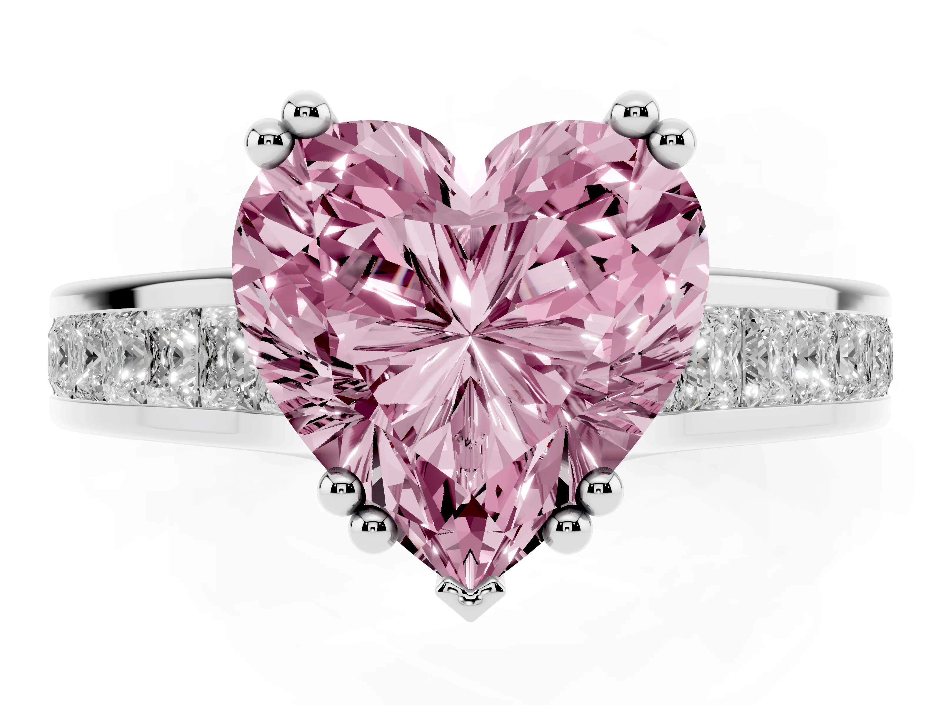 Fancy Pink Heart Cut Diamond Channel Set Solitaire Engagement Ring Set in Platinum with Prong Setting