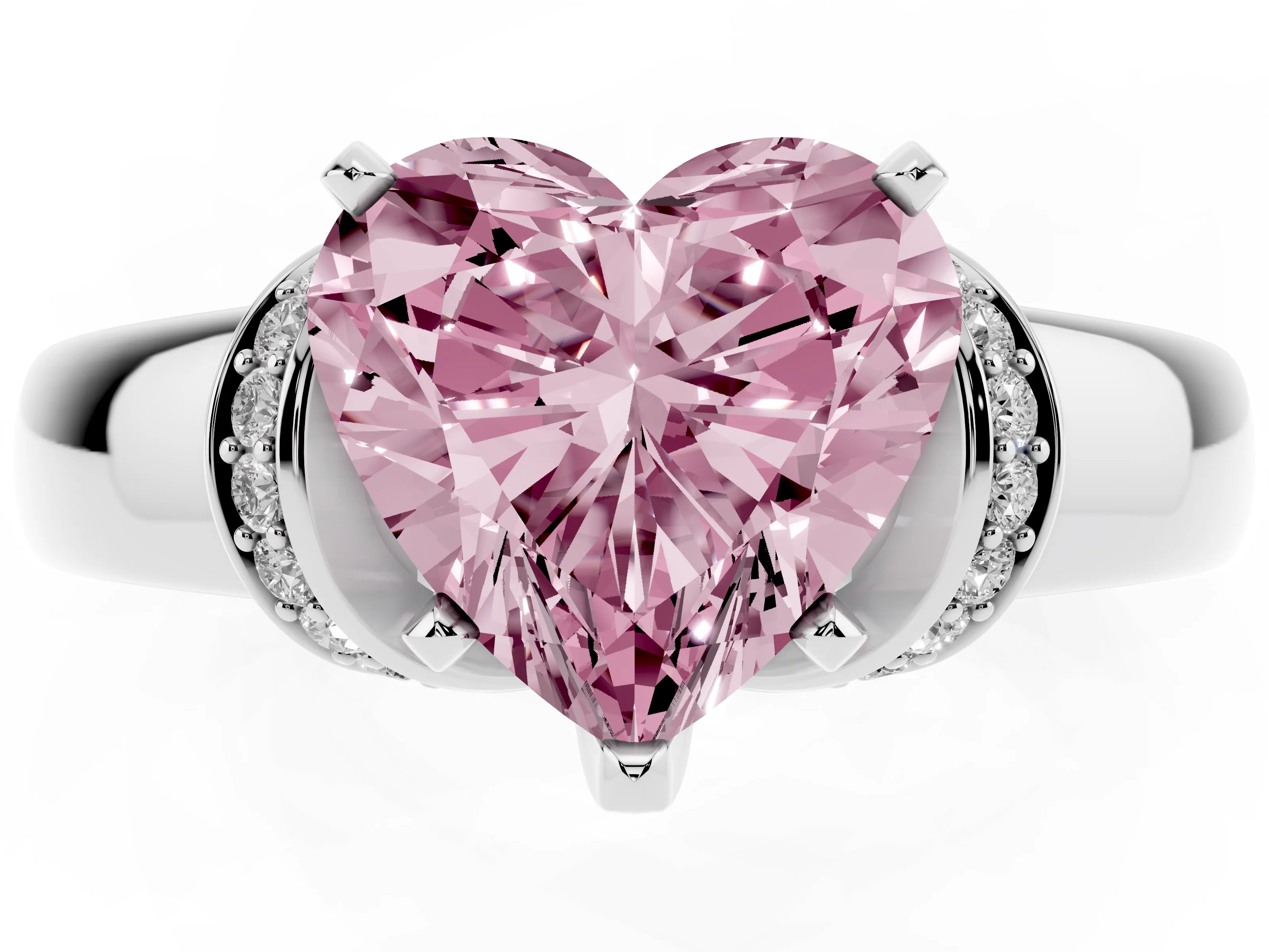 Fancy Pink Heart Cut Diamond Pavé Band Solitaire Ring Set in Platinum with Prong Setting