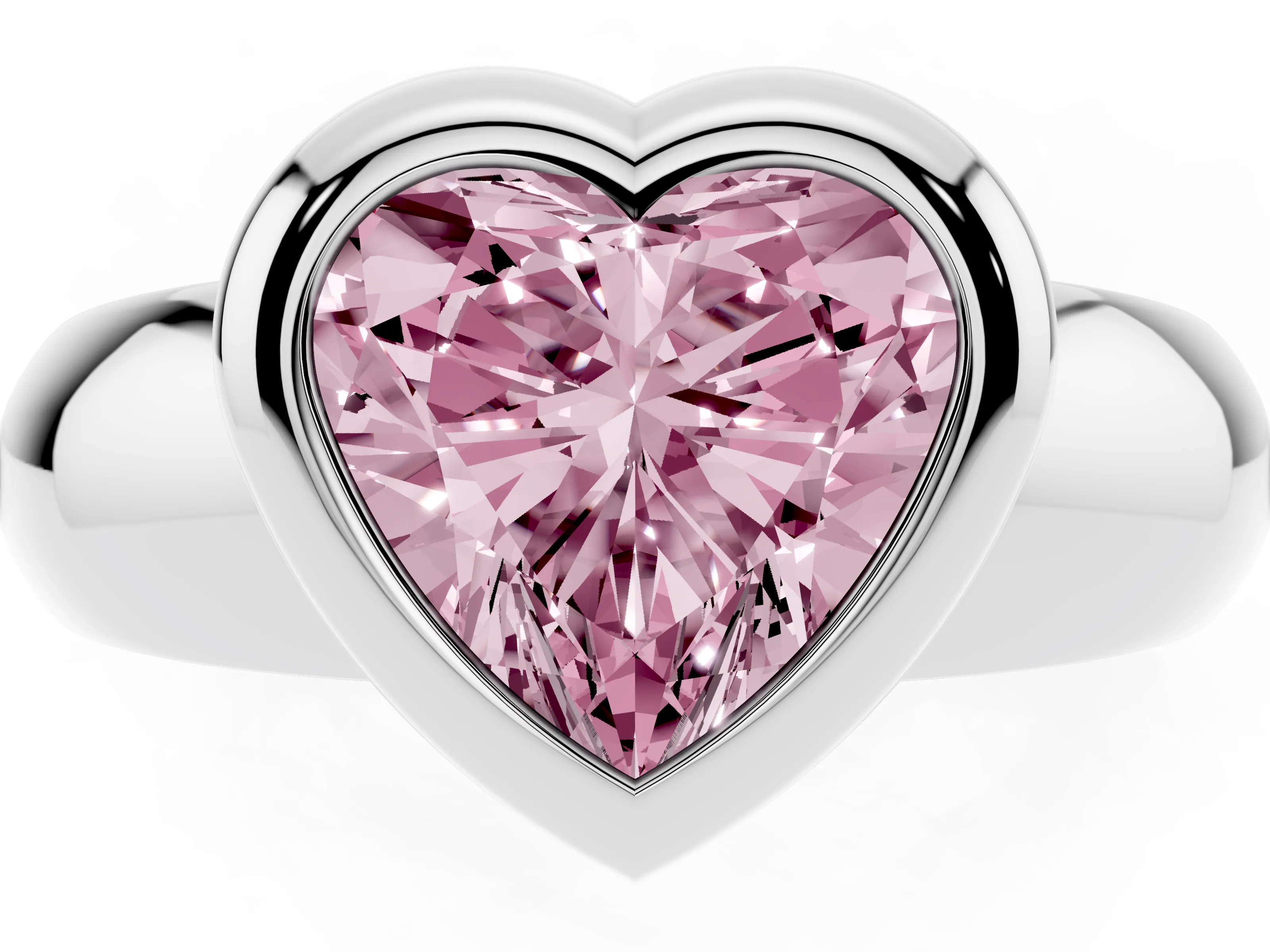 Fancy Pink Bezel Set Heart Cut Diamond Solitaire Ring Set in White gold with Wide Band