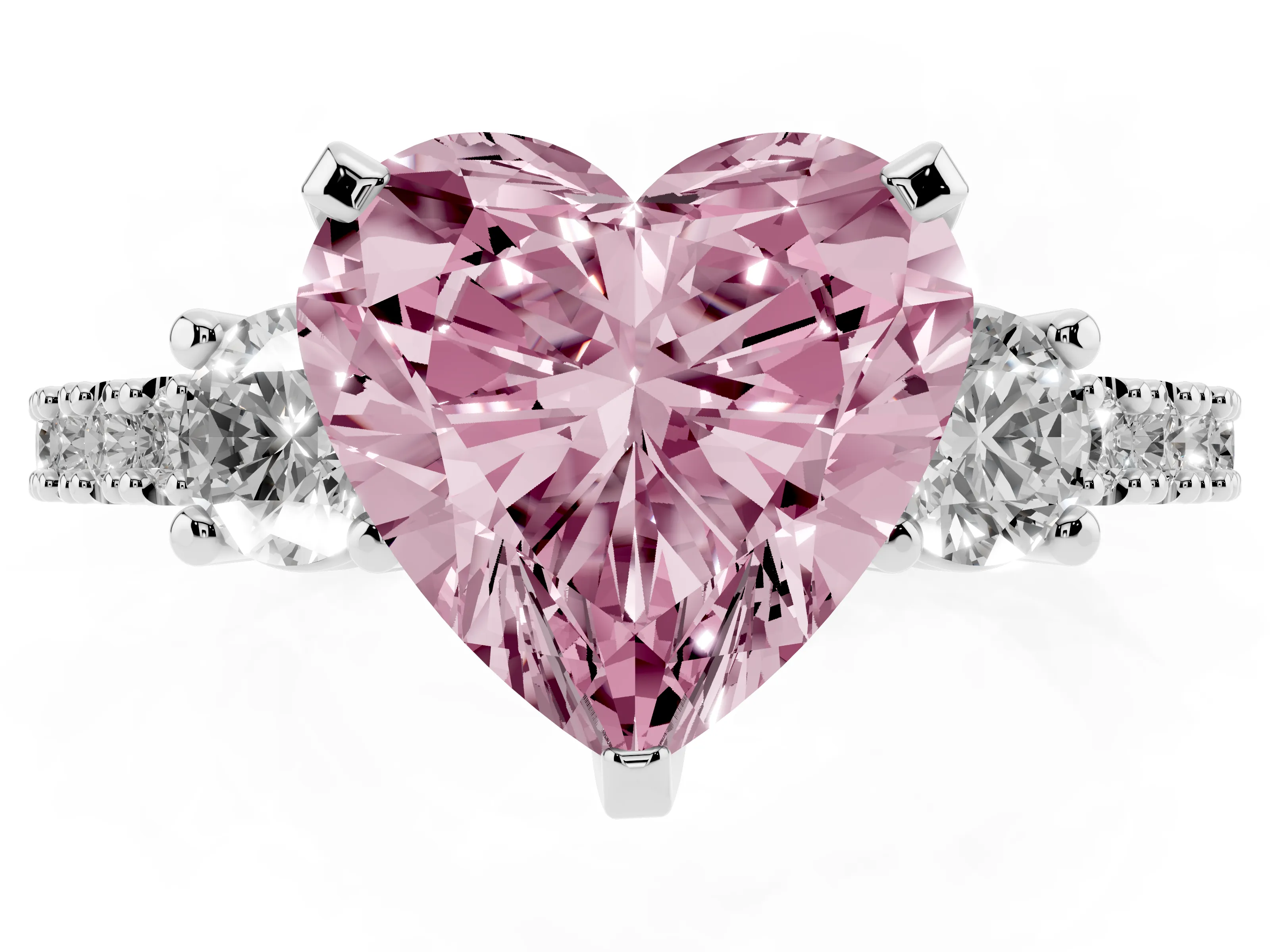 Fancy Pink Three-Stone Heart Cut Diamond Pavé Band Ring Set in White gold with Prong Setting
