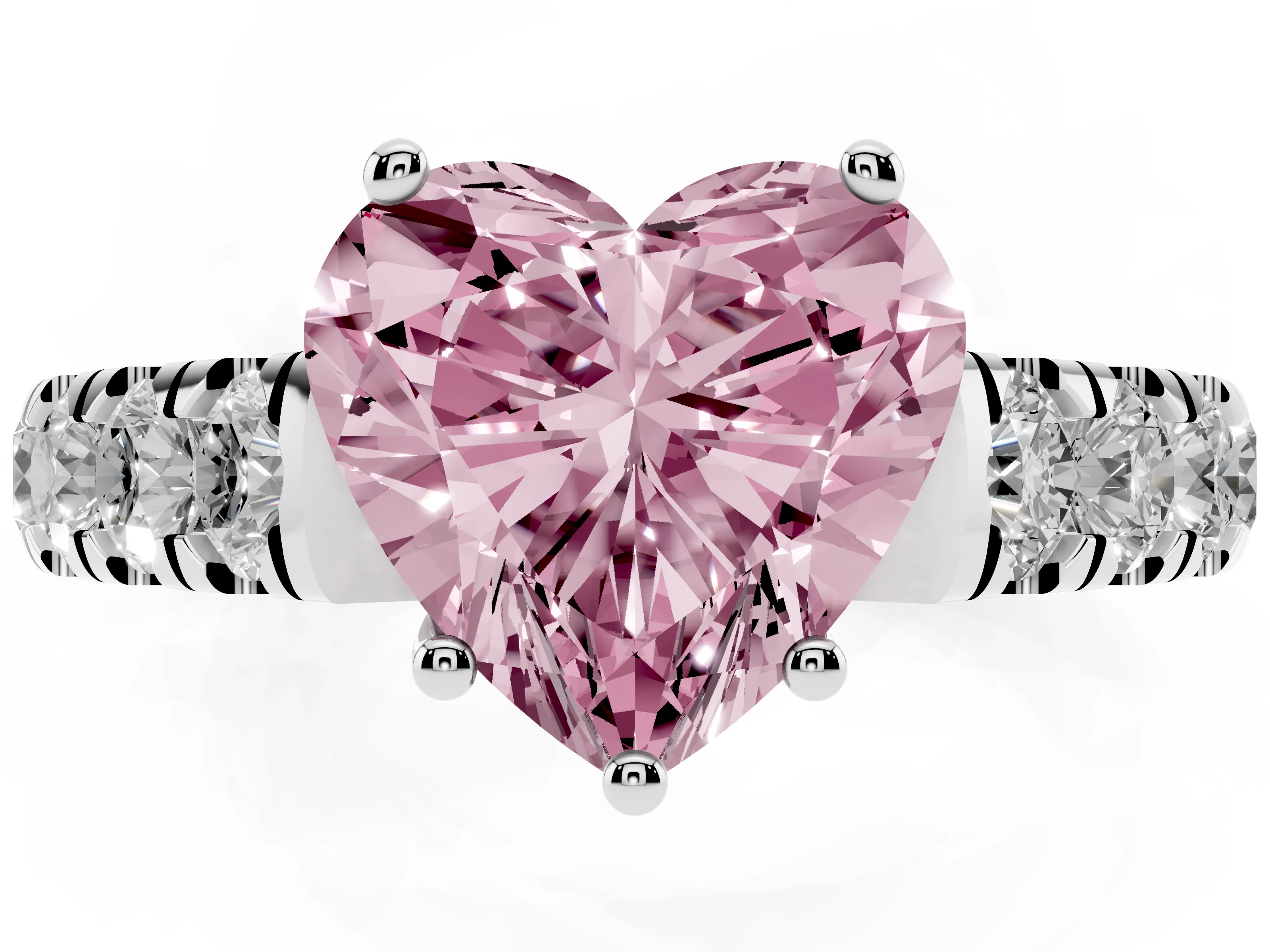Fancy Pink Heart Cut Diamond Solitaire Ring Set in White gold with Cut-Down Micro Pavé Band and Prong Setting