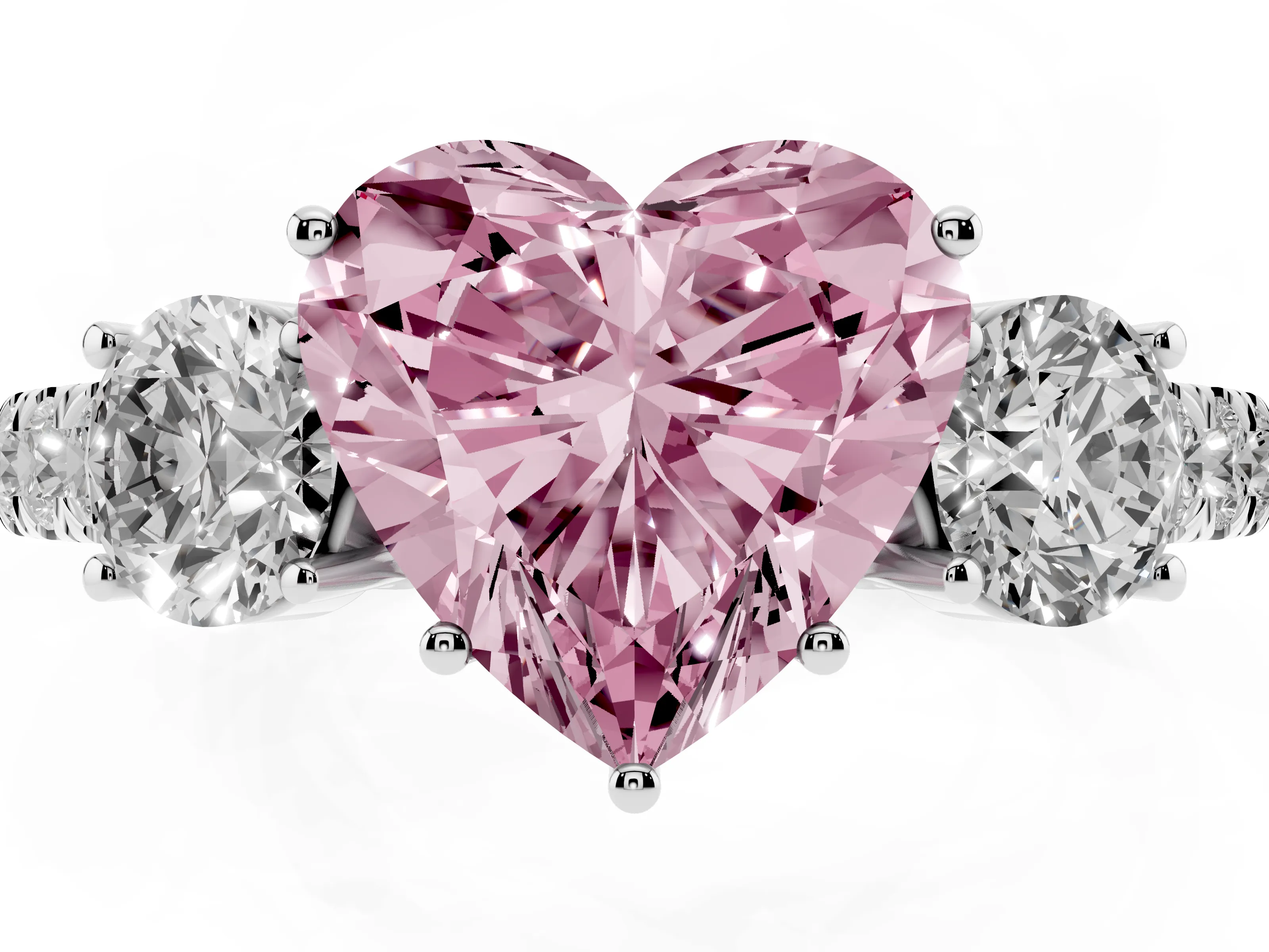 Fancy Pink Heart Cut Diamond Three-Stone Ring Set in White gold with Round Side Stones and Delicate Pavé Band