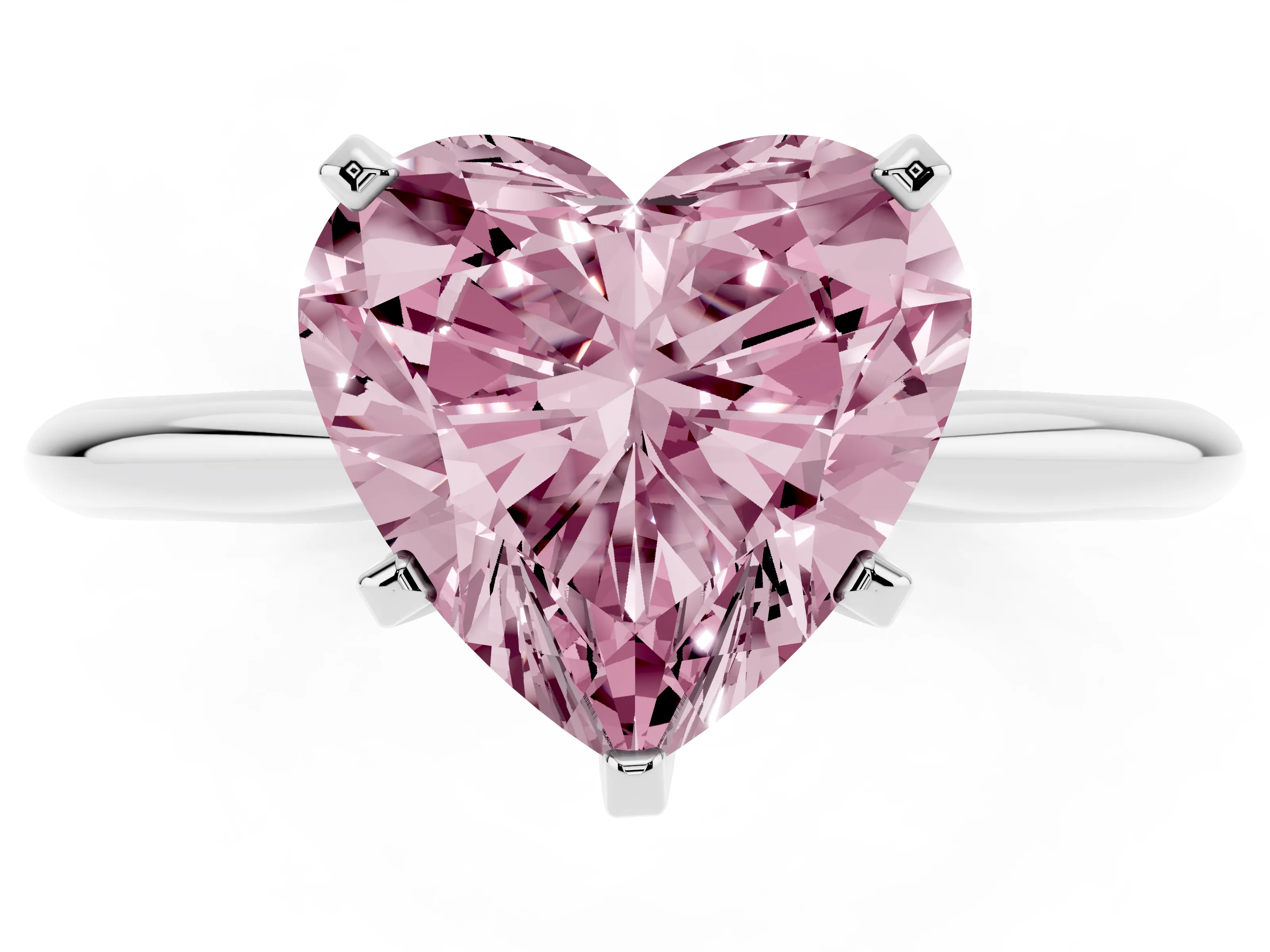 Fancy Pink Heart Cut Diamond Solitaire Ring Set in Silver with Prong Setting on a Plain Round Band
