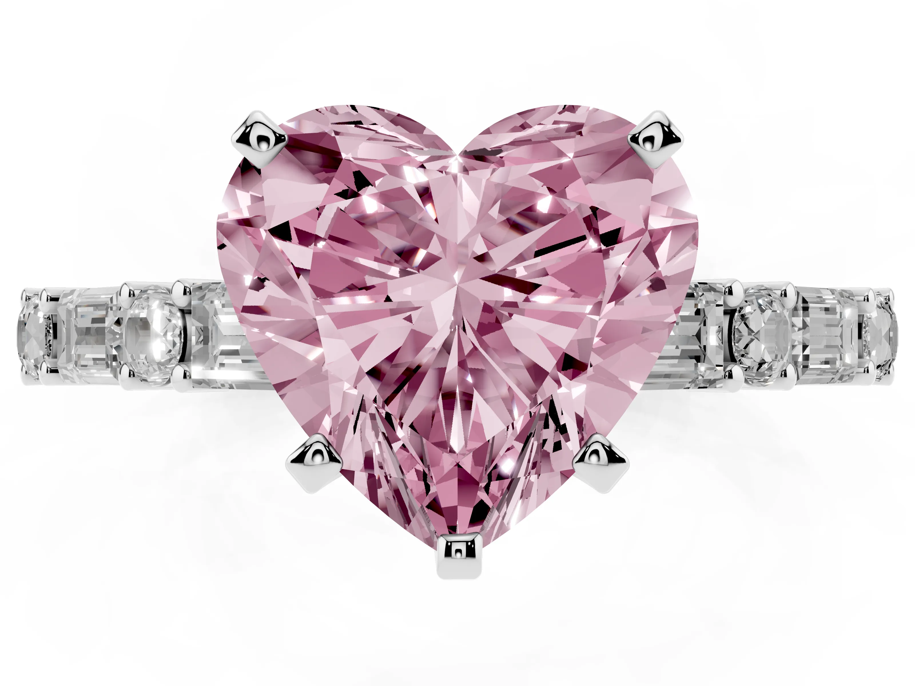 Fancy Pink Heart Cut Diamond Solitaire Set in Silver with Side Baguettes and Channel Set Band