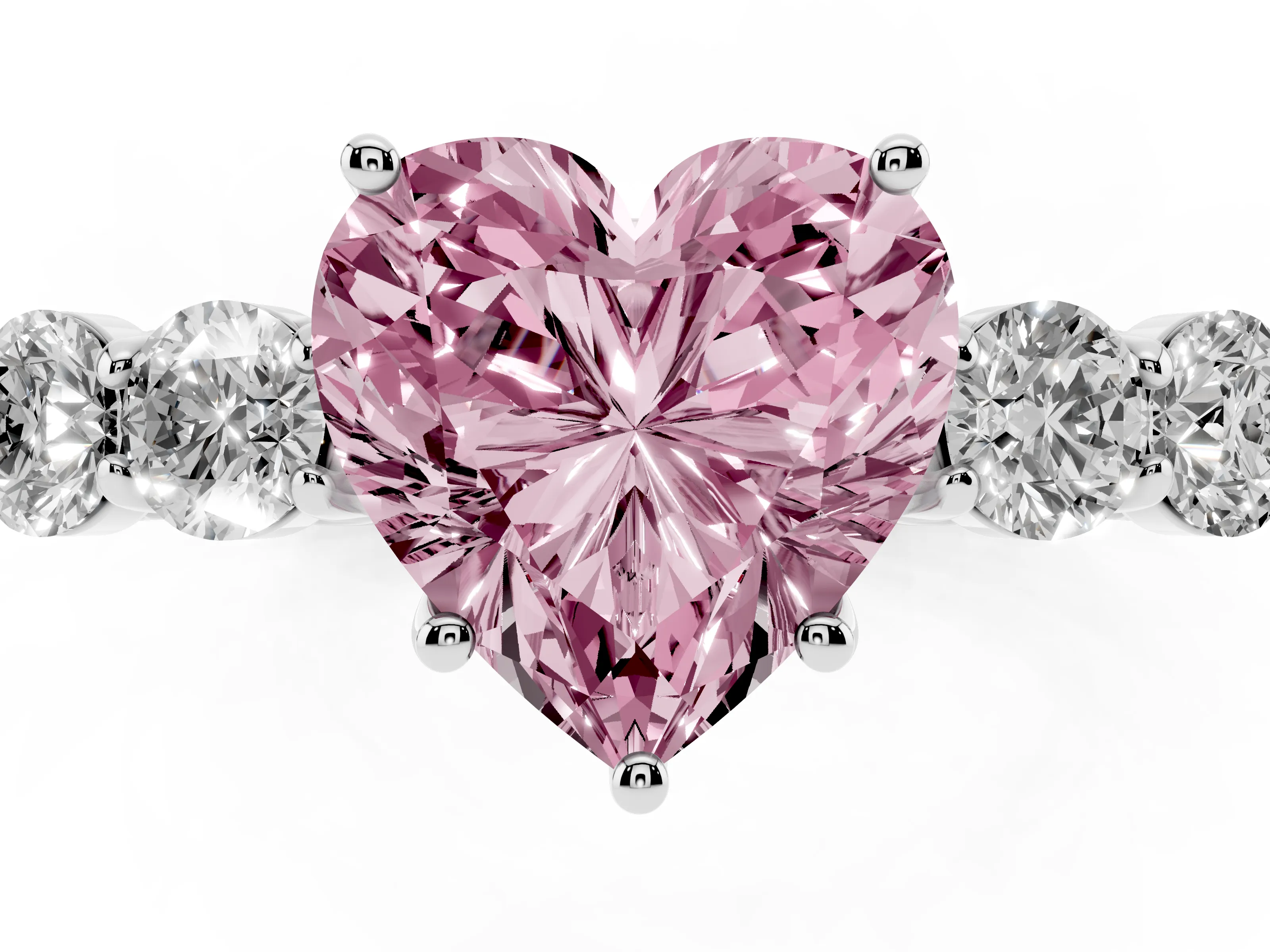 Fancy Pink Heart Cut Diamond Five-Stone Prong Set Band Ring Set in Platinum with Polished Band