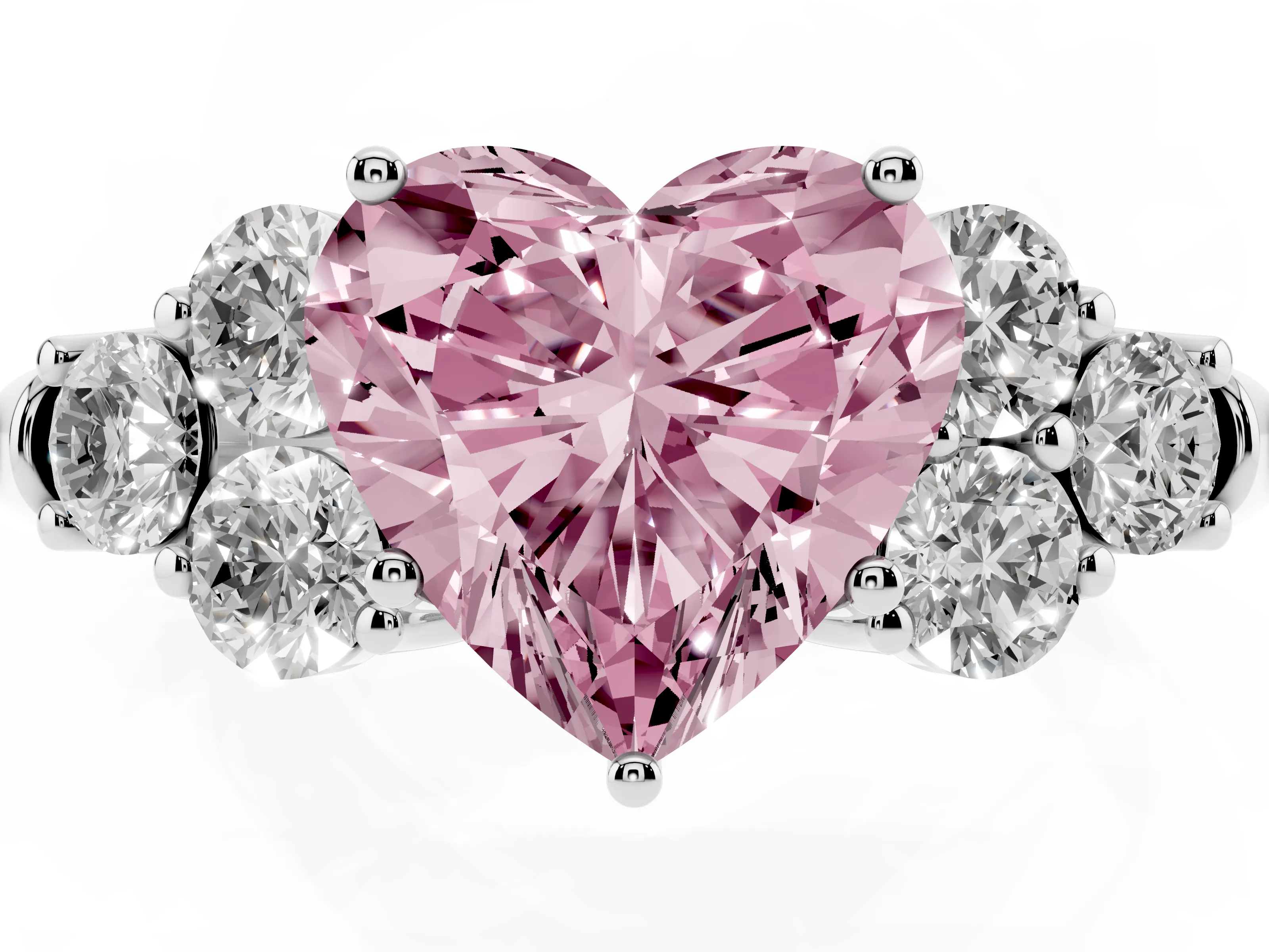 Fancy Pink Heart Cut Diamond Cluster Ring Set in Silver with Round Accent Stones and Prong Setting on a Plain Band