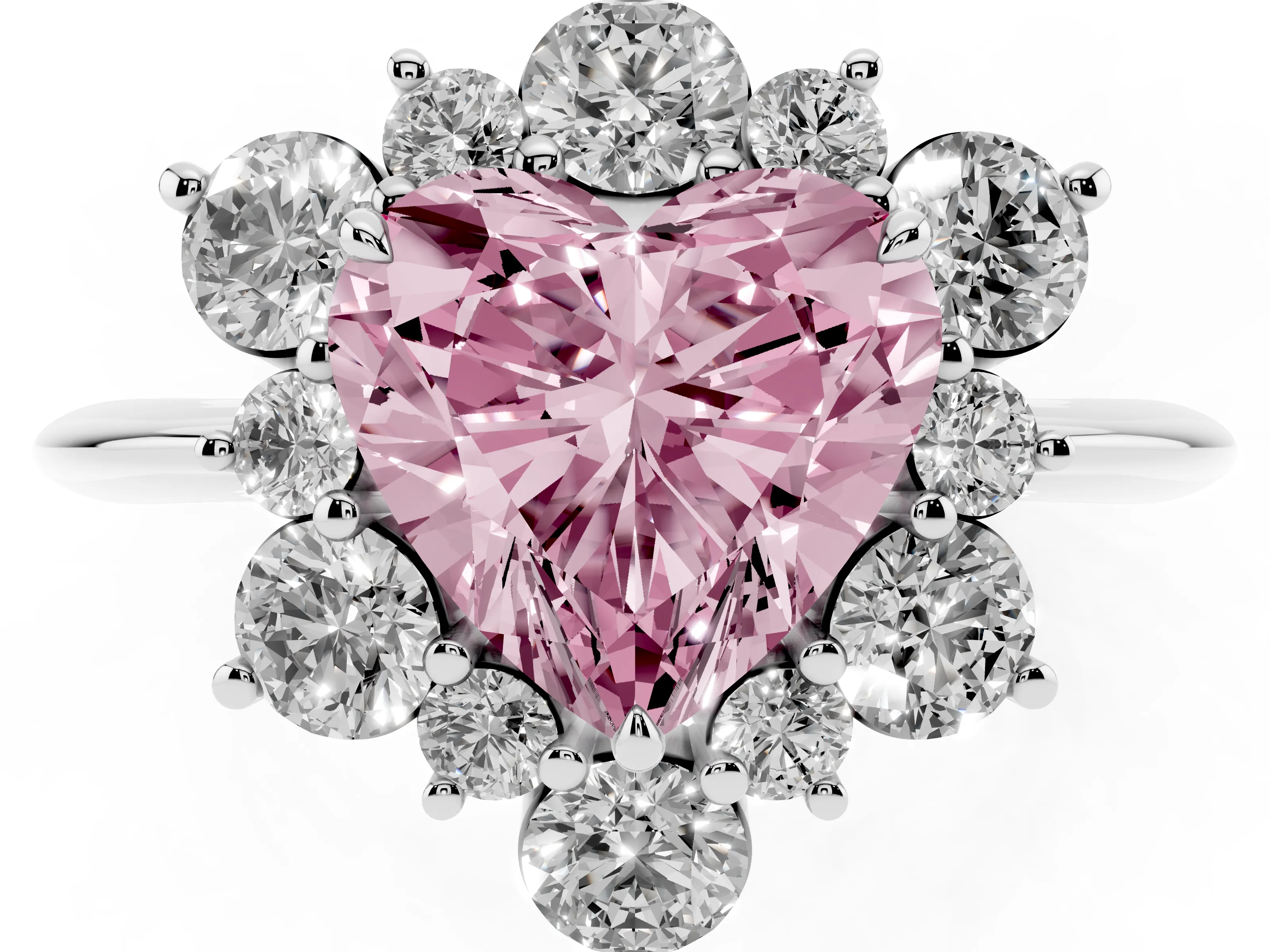 Fancy Pink Heart Cut Diamond Cluster Halo Ring Set in White gold with Solitaire Band and Prong Setting