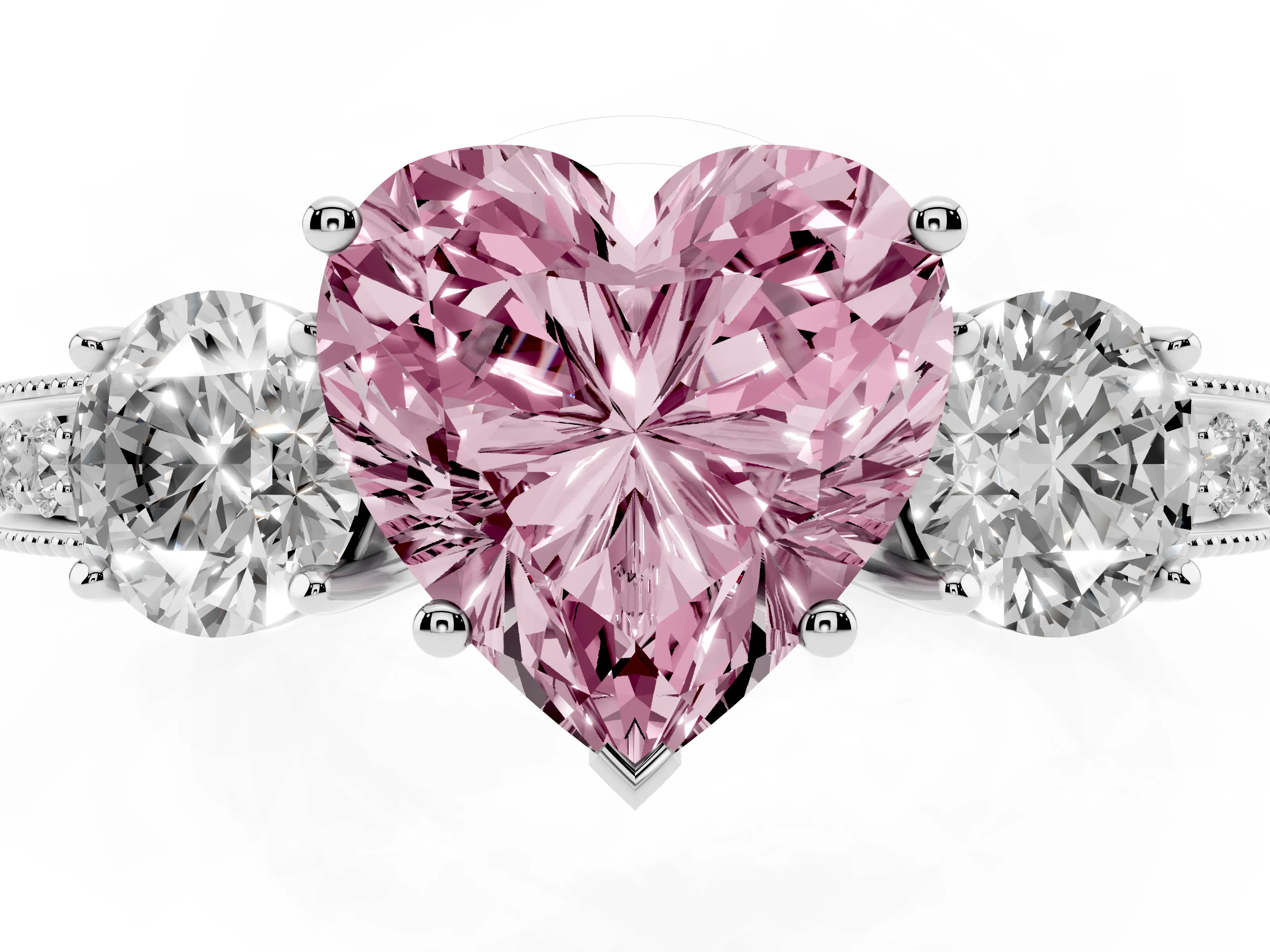 Fancy Pink Heart Cut Diamond Three-Stone Ring Set in White gold with Round Side Stones and Pavé Band