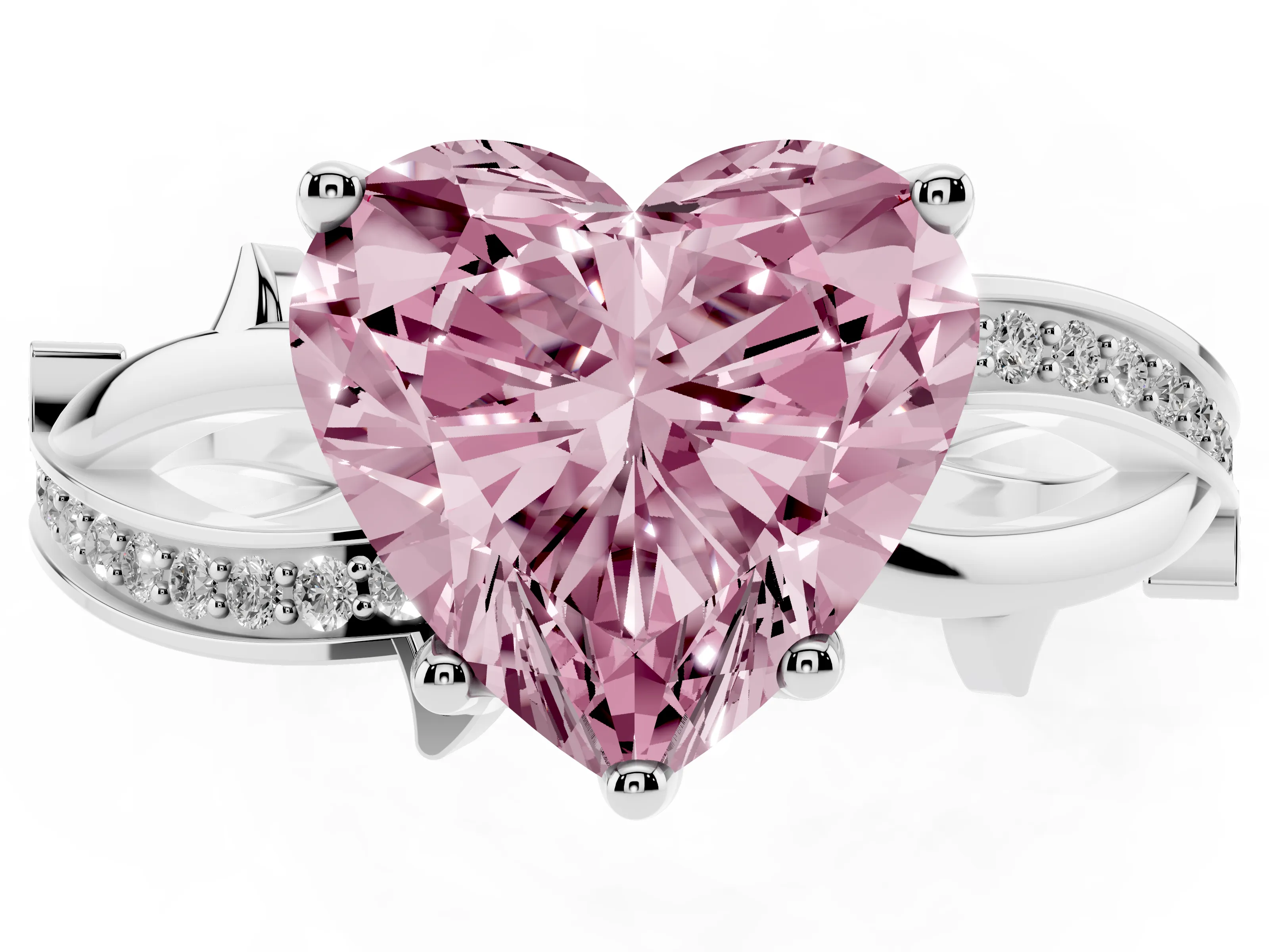 Fancy Pink Heart Cut Diamond Pavé Twist Band Solitaire Ring Set in White gold with Prong Setting