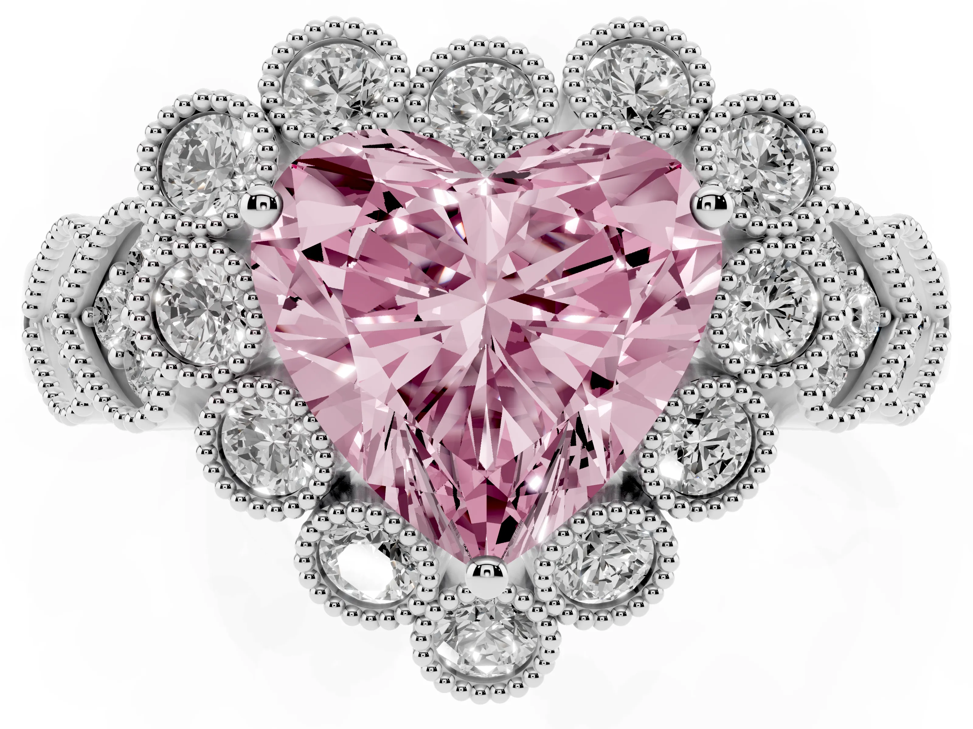 Fancy Pink Heart Cut Diamond Solitaire Ring Set in Platinum with Milgrain Pavé Heart Band